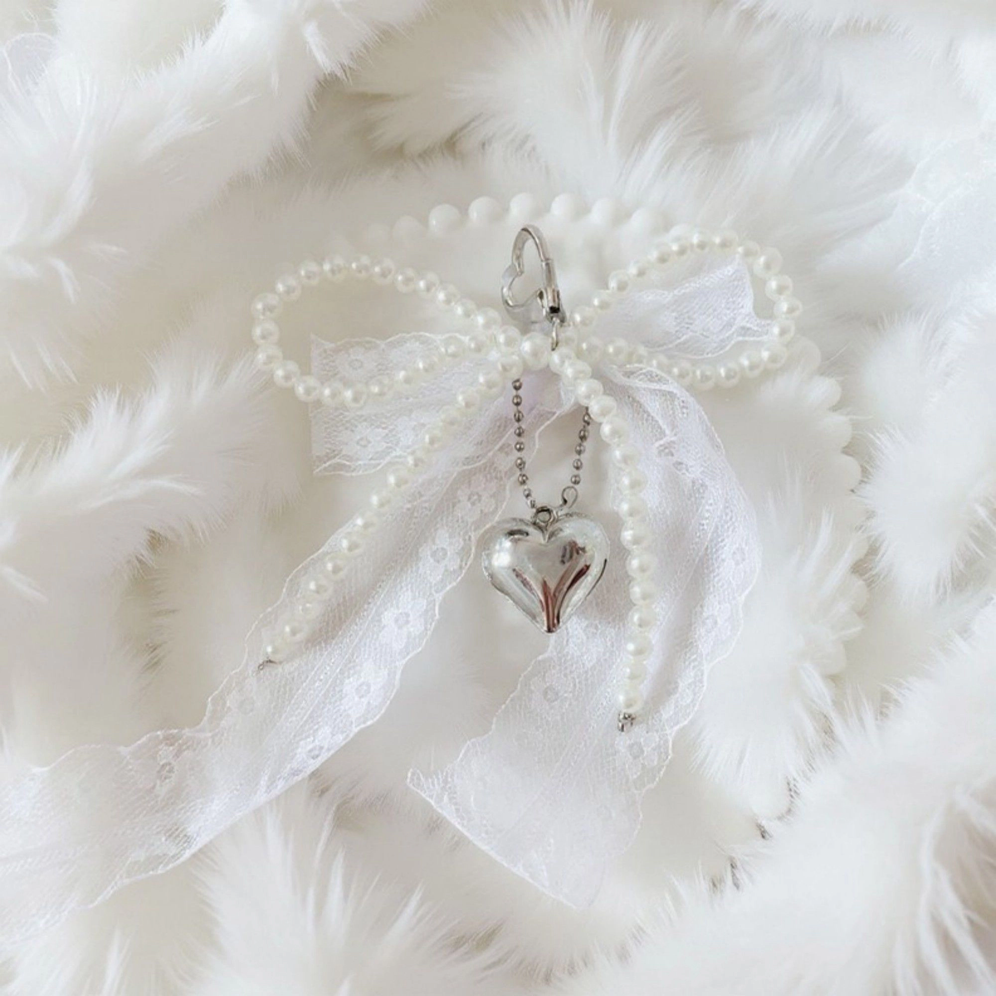 Alilang Women's Lace Bow Charm Keychain with Pearl Trim and Silver Heart Pendant