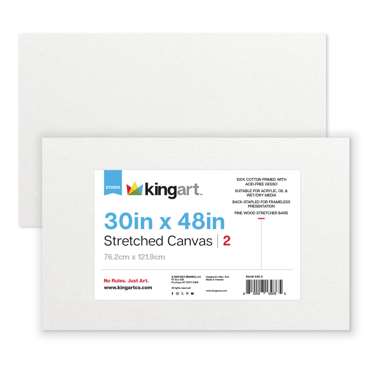 KINGART Stretched Canvas 30" x 48" 2-Pack - 100% Cotton Pre-Primed, Gallery-Style