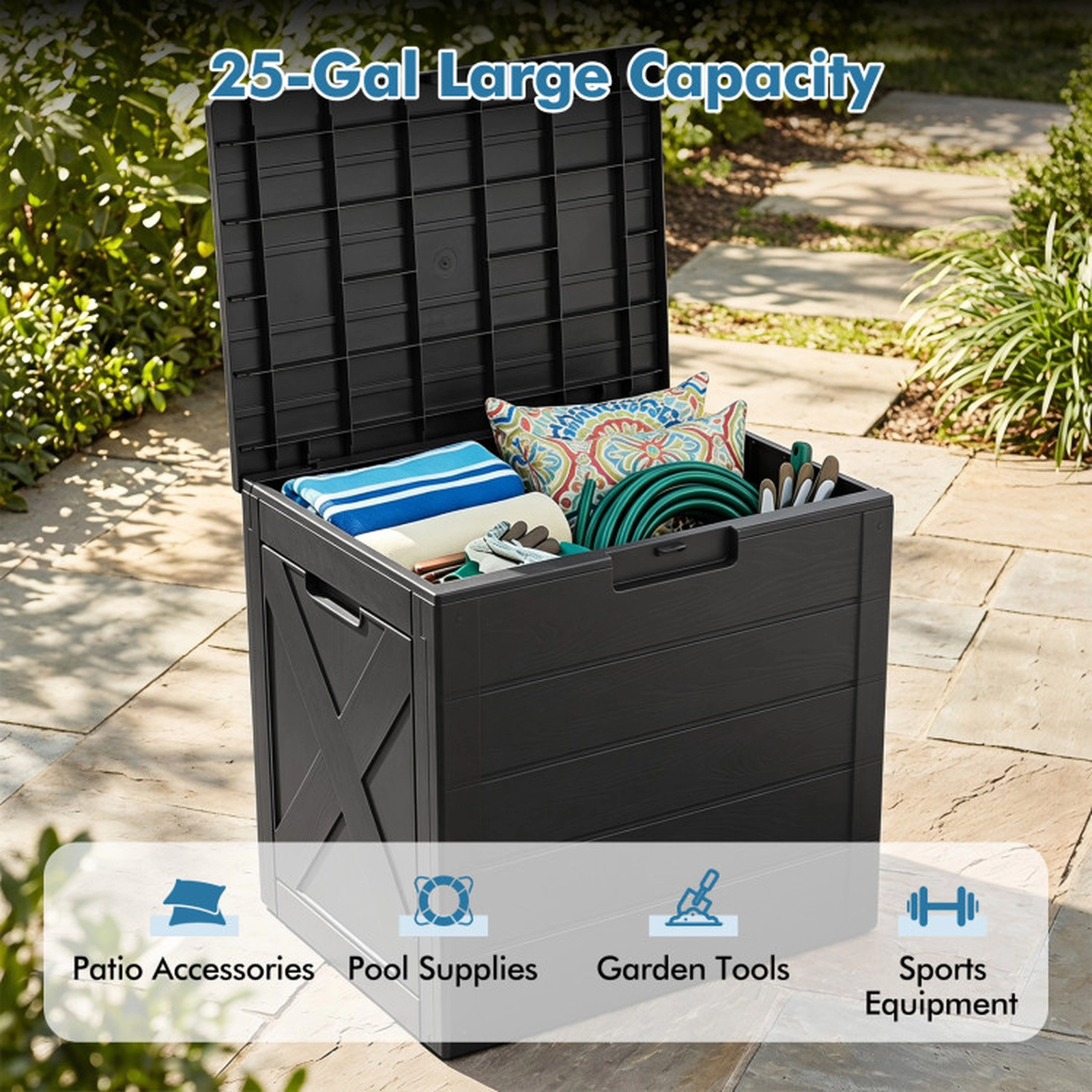 SUGIFT 25 Gallon Outdoor PP Storage Bin Deck Box with Lock Hole Carry Handles 110-lb Lid Capacity 22-in Wide Black