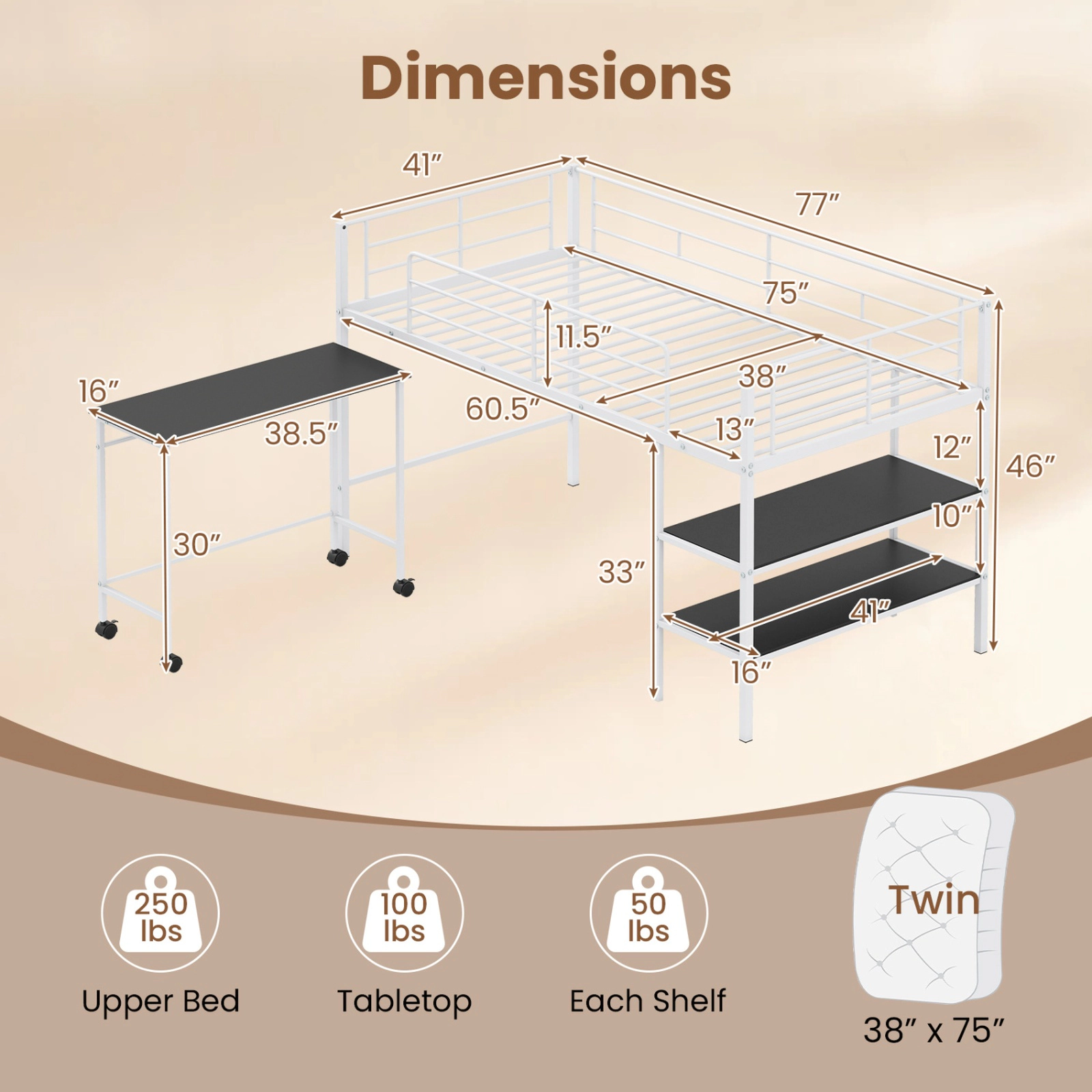 SUGIFT Twin Loft Bed with Rolling Desk and Bookshelf Platform Frame 250-lb Capacity Twin Mattress Black/White