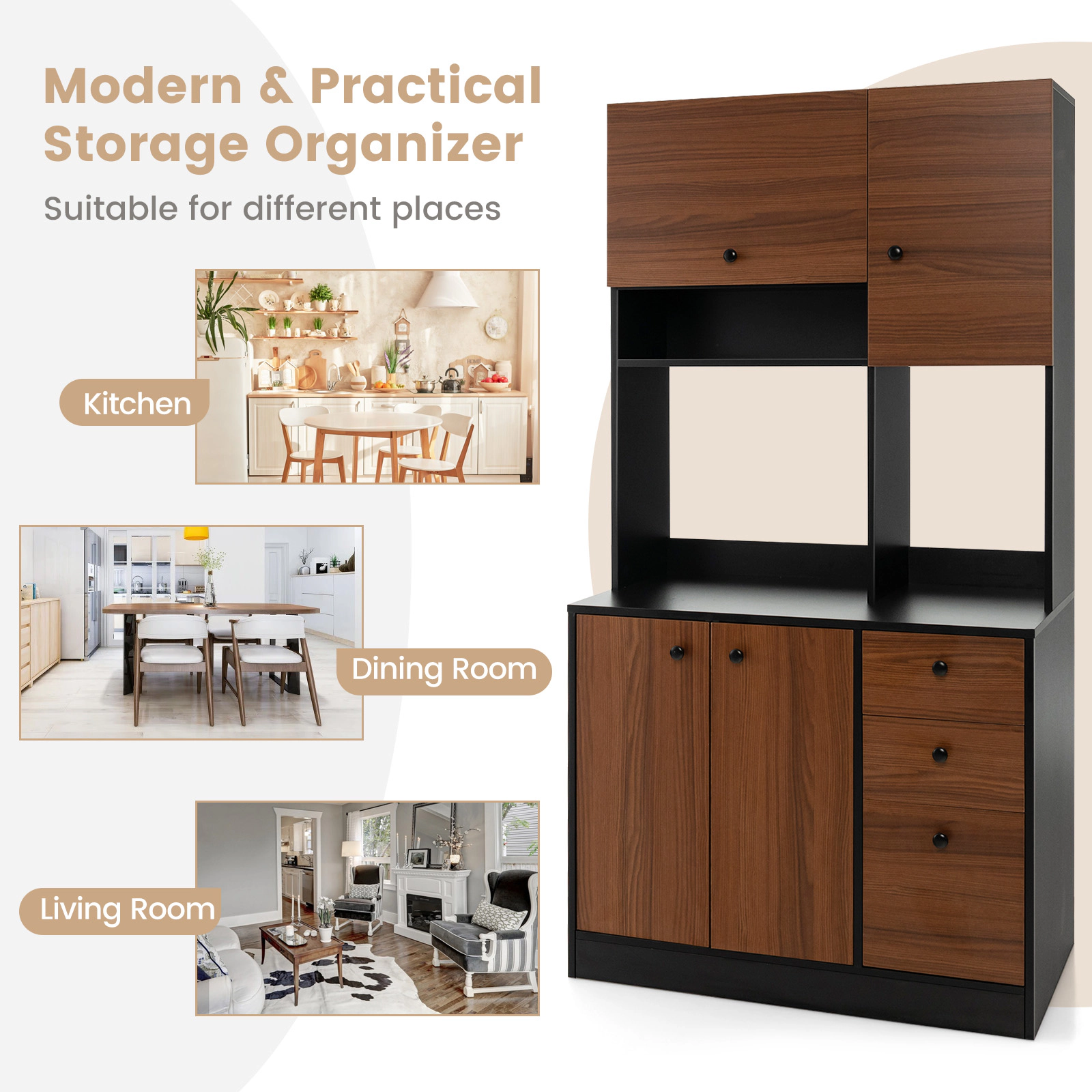 Glintex 71-Inch Kitchen Pantry with 3 Cabinets and Deep Drawers