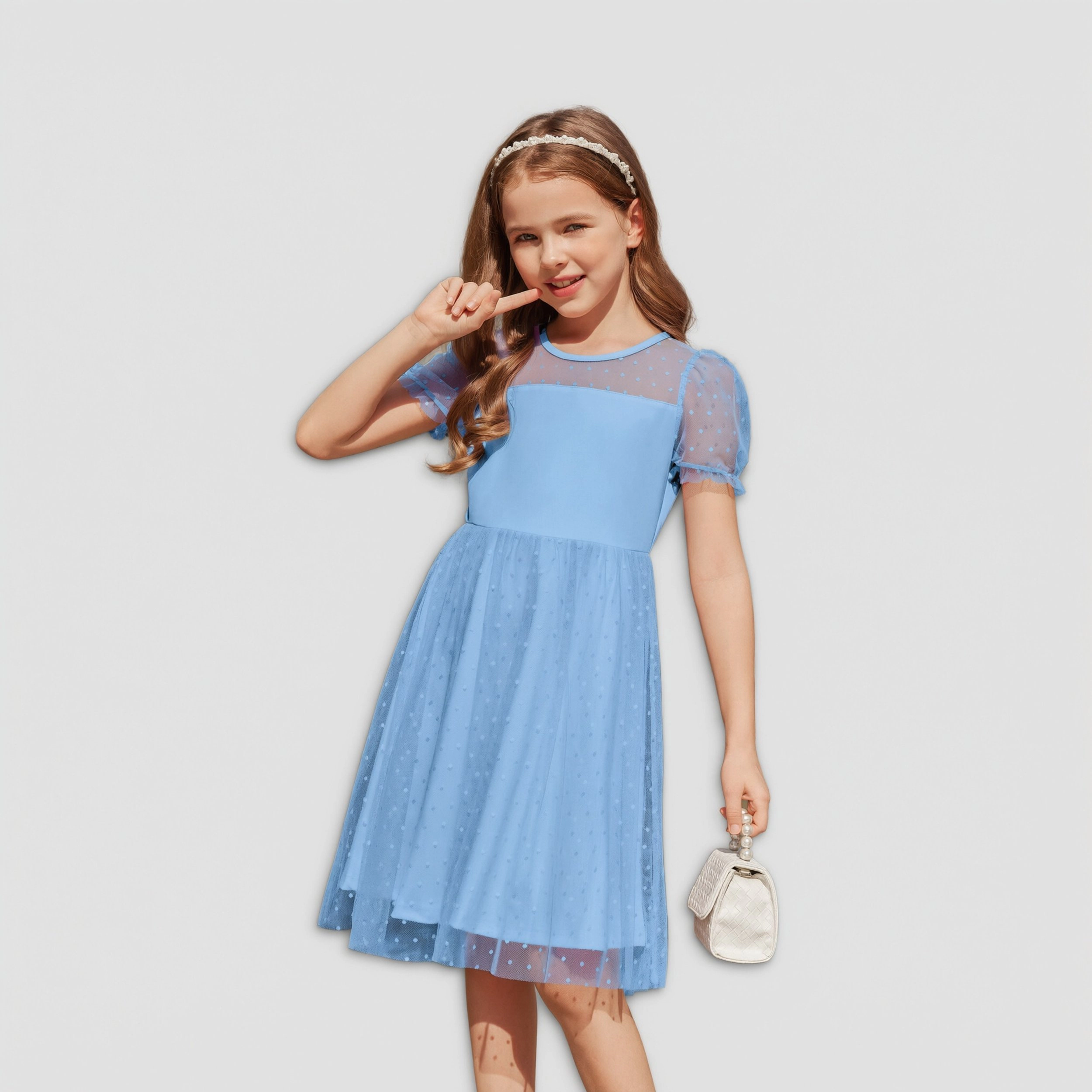 Arshiner Girls Dress Contrast Mesh Puffy Short Sleeve Aline Casual Party