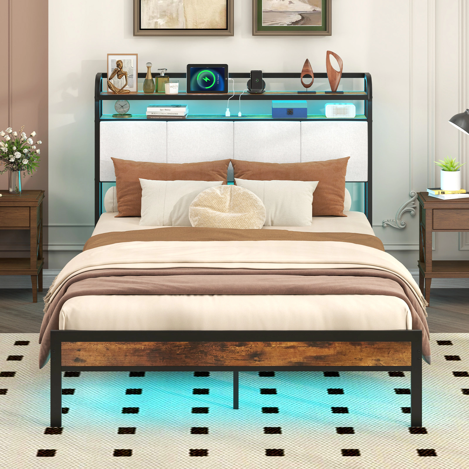 Full Size Metal Bed Frame with LED Light and Charging Station 2-Tier Storage Headboard Platform Bed Rustic Brown
