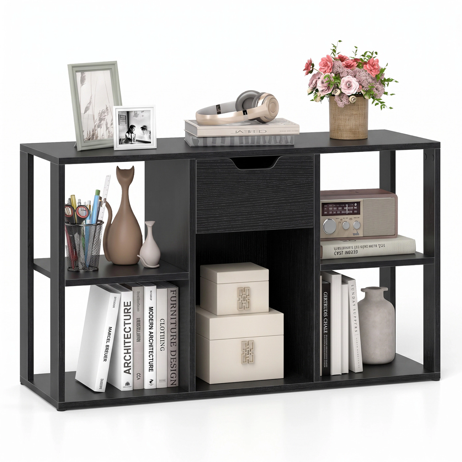 LJG 5-Cube Bookcase with Storage Drawer Freestanding Bookshelf Modern Display Rack