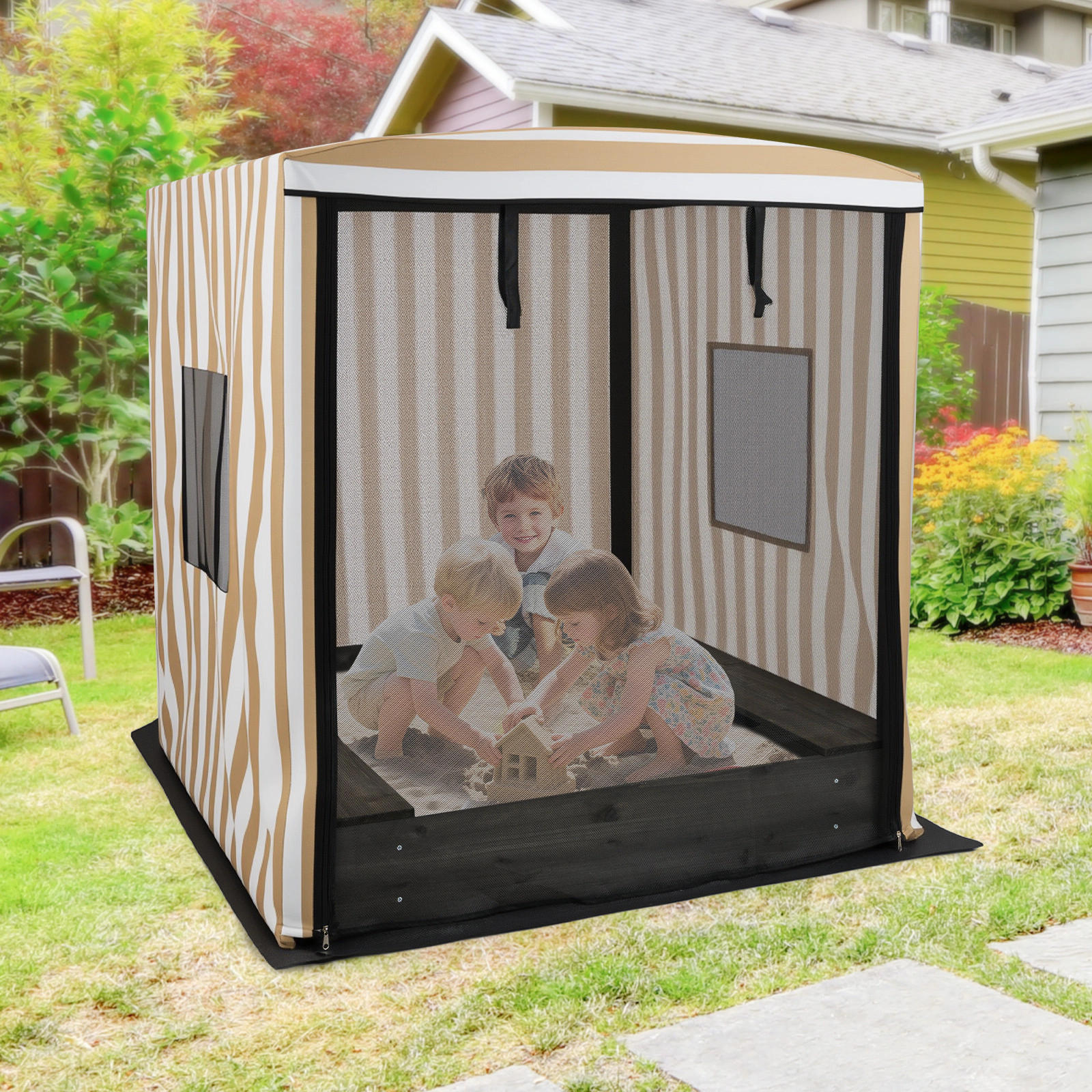 Wooden Sandbox with Canopy 48-in Covered Kids Sand Pit Roll-Up Zip Door Mesh Windows Storage Benches Ages 3+ Brown