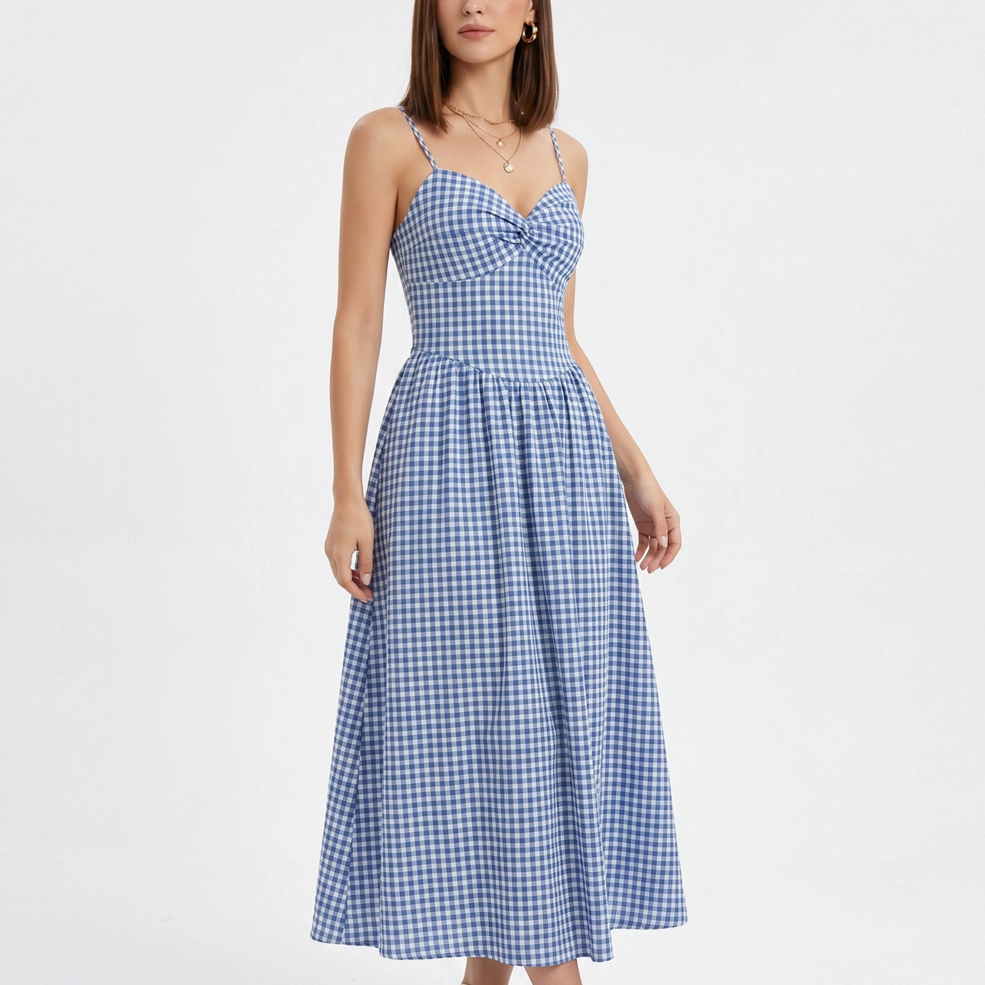 Anna-Kaci Women's Gingham Twist Front Bodice Spaghetti Straps Midi Dress