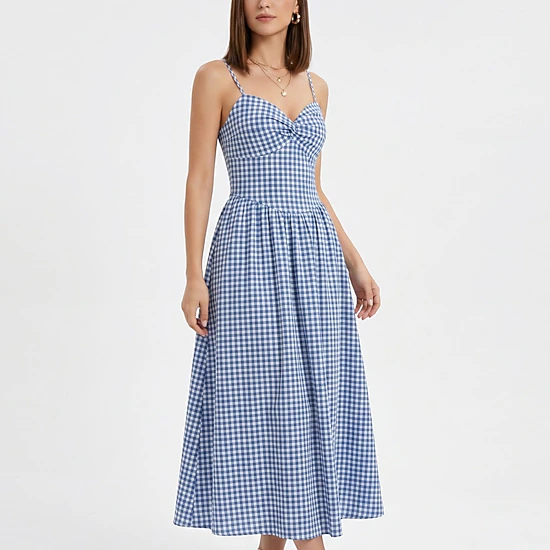 jcpenney blue and white dress Anna-Kaci Women's Gingham Twist Front Bodice Spaghetti Straps Midi Dress, Color: Square Neck Config Size:S Black Ruched Sleeves Bodycon southern style