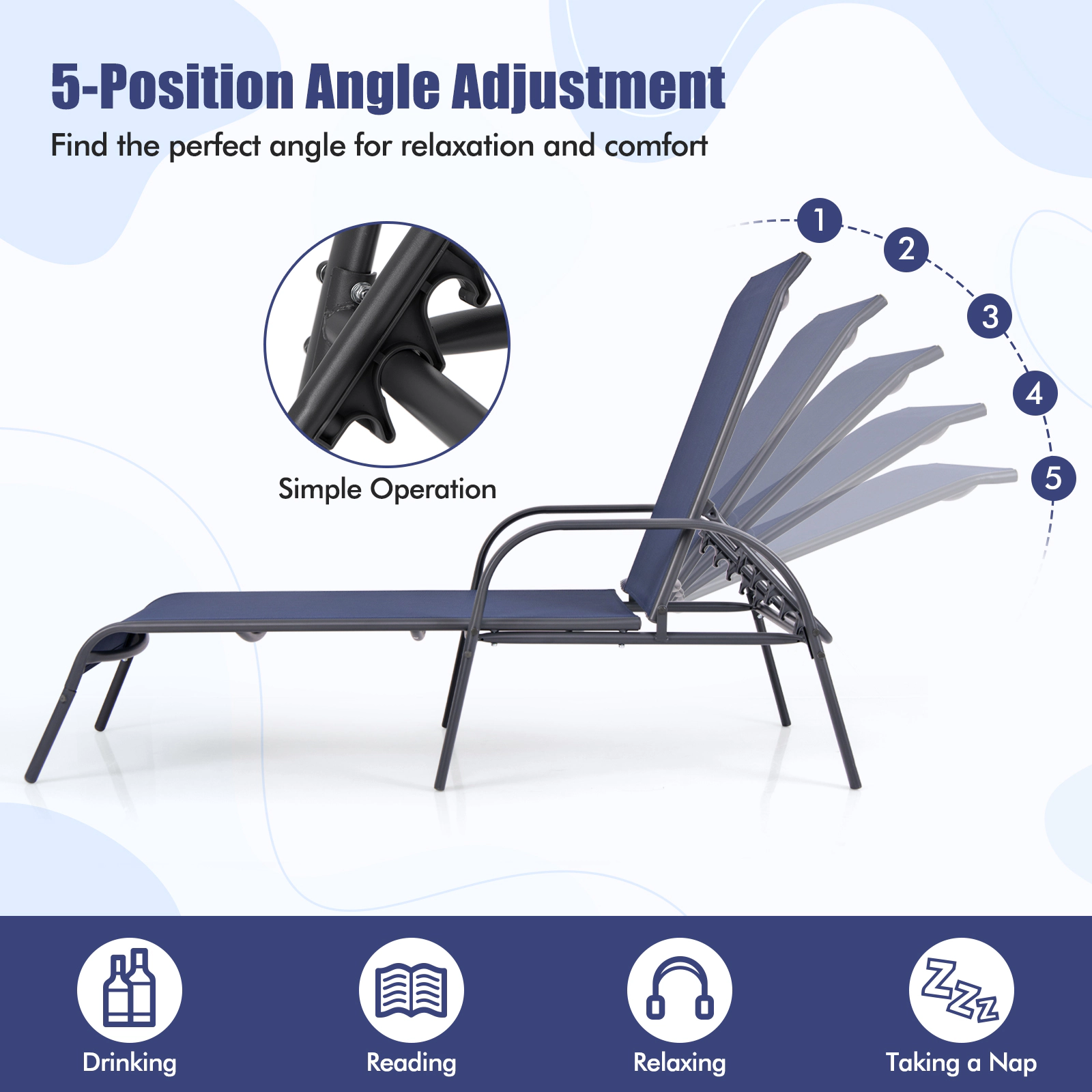 SUGIFT 350-lb Capacity Navy 5-Position Adjustable Folding Chaise Lounge Chair with Powder Coated Steel Frame