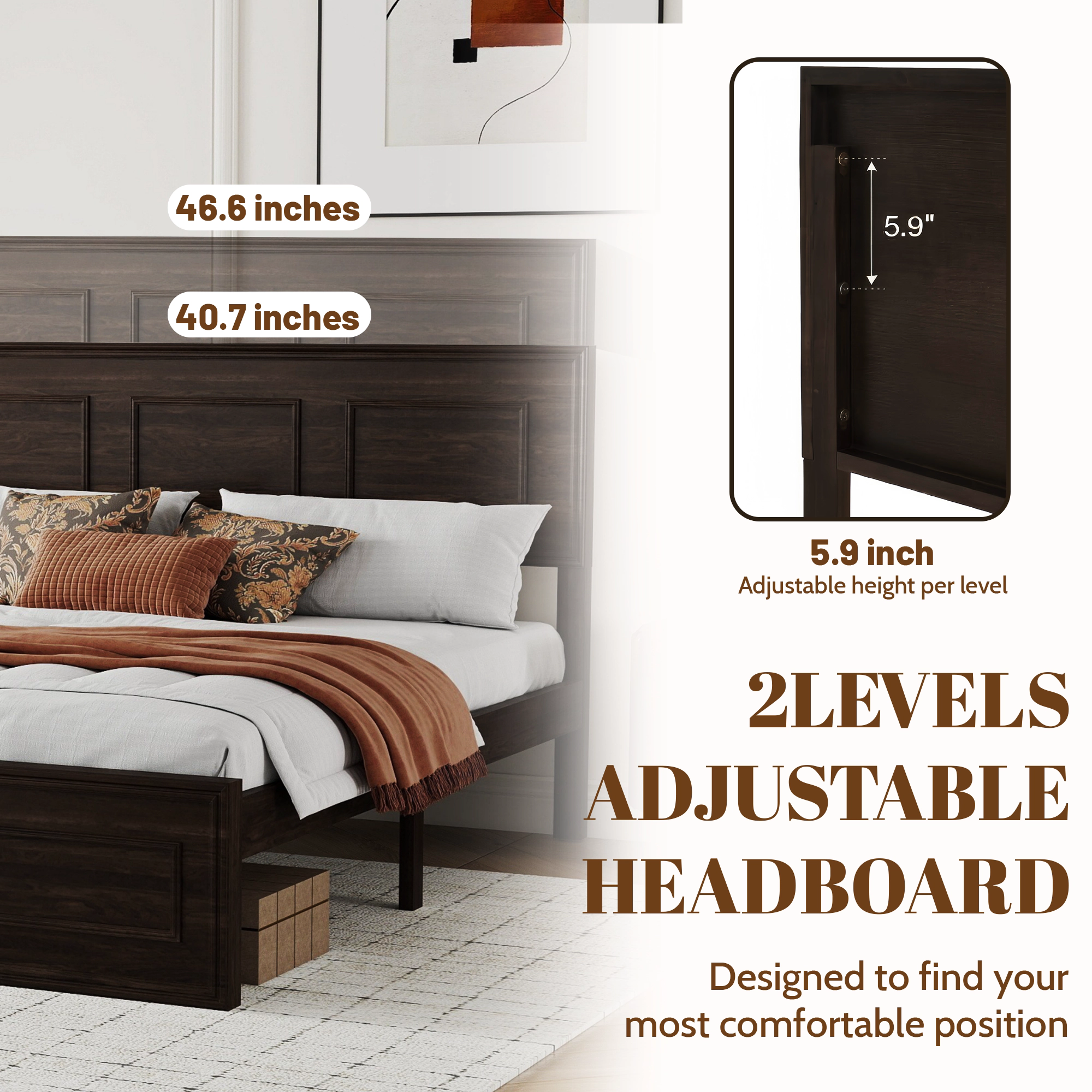 Flynama Queen Bed with Adjustable Height Headboard, Pine Wood Strengthened Frame, Rich Brown