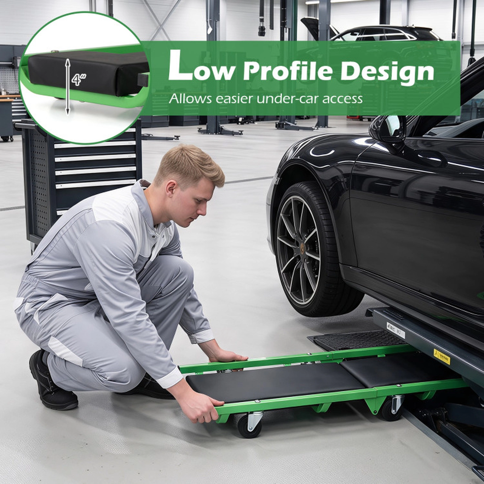 SUGIFT Folding 360 Swivel Wheels EVA Foam PU Leather Automotive Mechanic Creeper 36-in x 14.5-in 330-lb Capacity Green