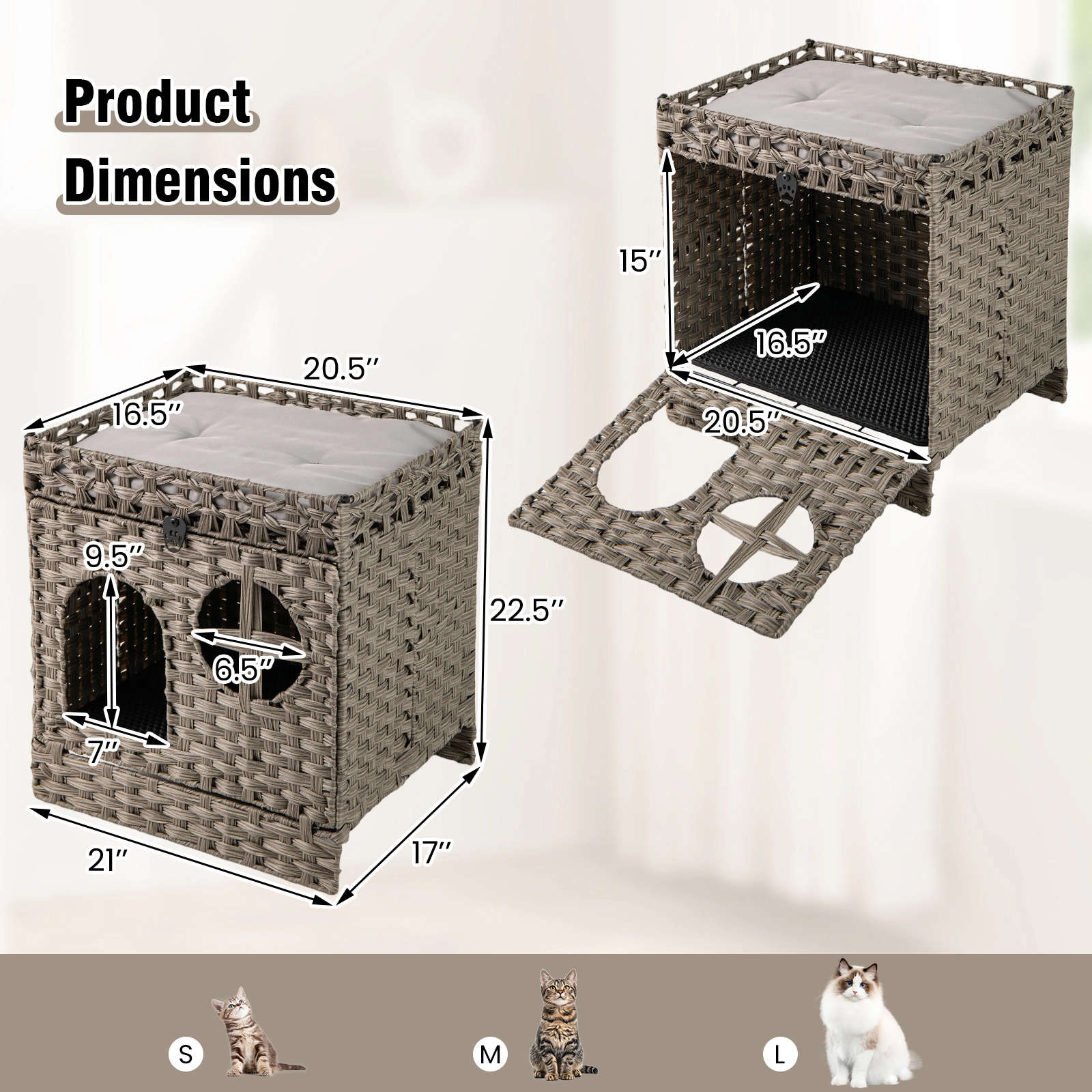 SUGIFT 21 x 22.5-in 22-lb Tier Capacity Gray Foldable 2-Tier PE Rattan Cat Litter Box Enclosure with Litter Mat
