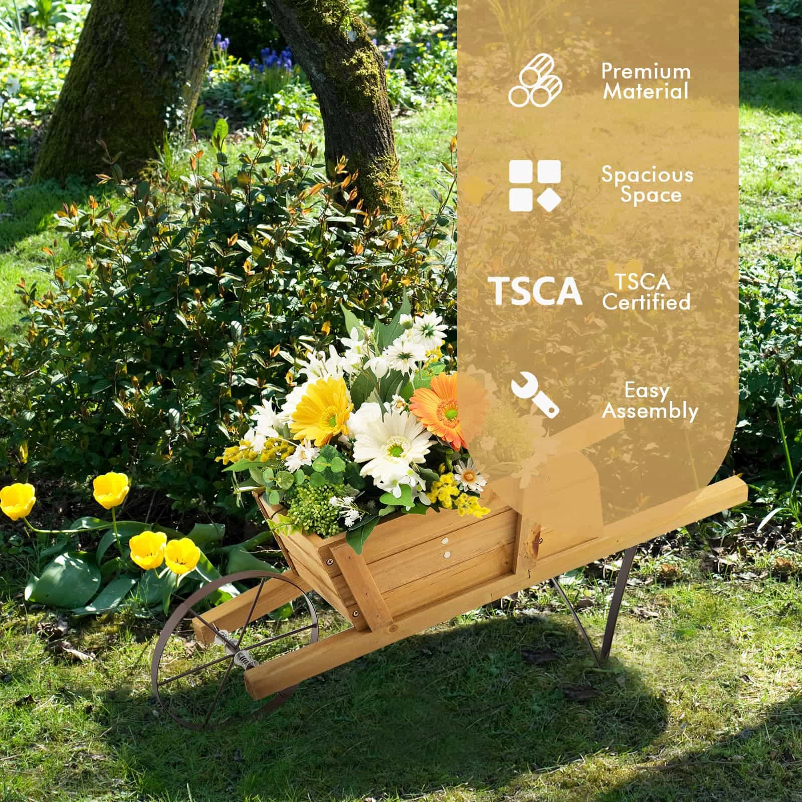 SUGIFT Wooden Wagon Planter Wheelbarrow with 9 Magnetic Accessories 11-lb Capacity Walnut/Red/Blue