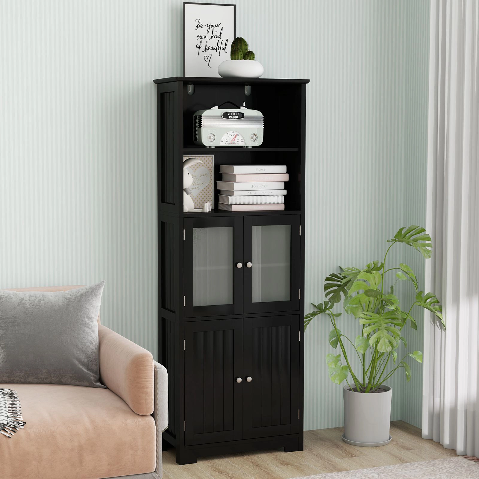 SlickBlue 64" Tall Bathroom Storage Cabinet with Glass Doors