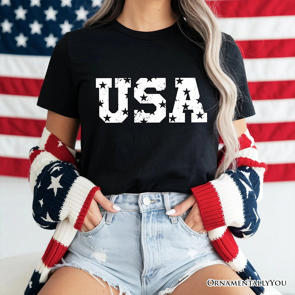 OrnamentallyYou Unisex USA Block Letters Independence Day T-Shirt