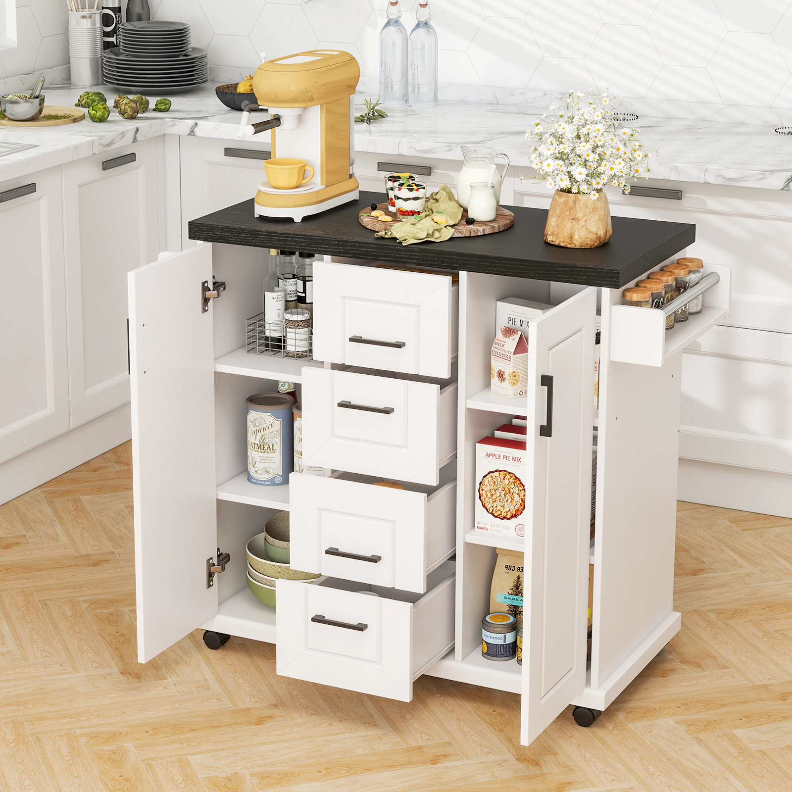 SUGIFT Rolling Kitchen Island White with 4 Drawers 2 Cabinets Spice Rack and Towel Rack