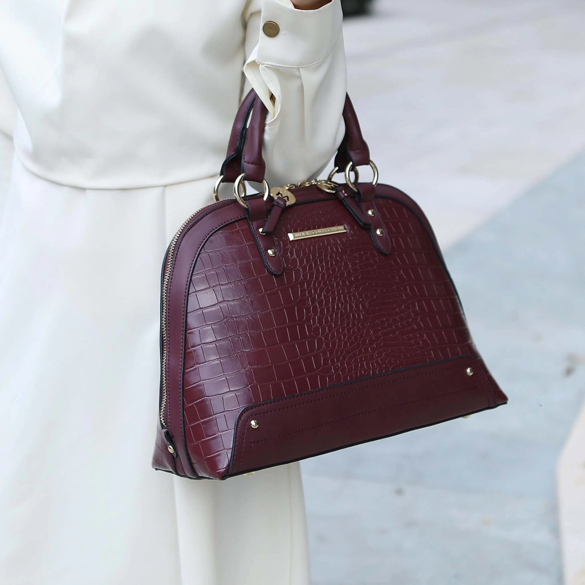 Mia K Collection Nora Croc-Embossed Satchel - Gold-Tone Hardware, Removable Crossbody Strap