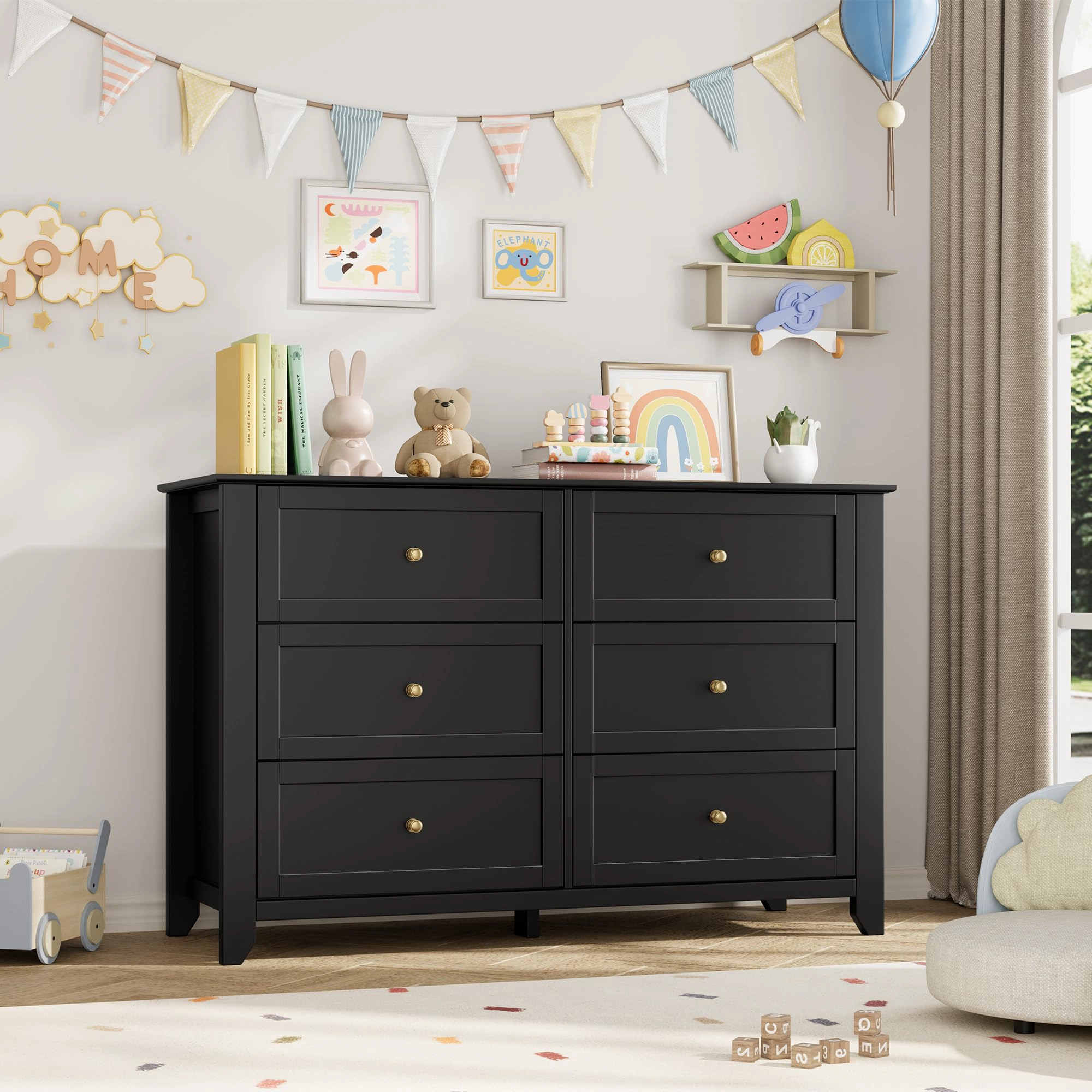 6 Drawer Dresser with Metal Knobs,  54" Wide Wooden Double Storage Chest for Bedroom Entryway Hallway