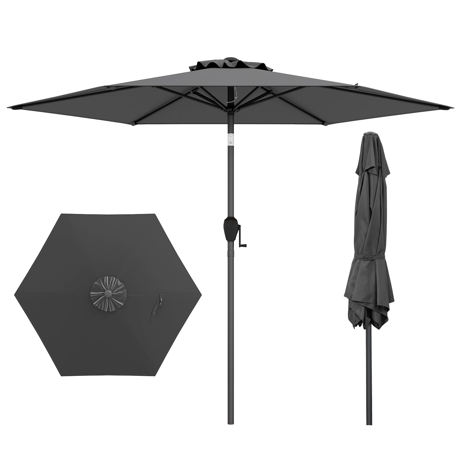 SUGIFT 7.5-ft Gray Small Market Table Patio Umbrella with Push Button Tilt Crank Lift and Vented Canopy