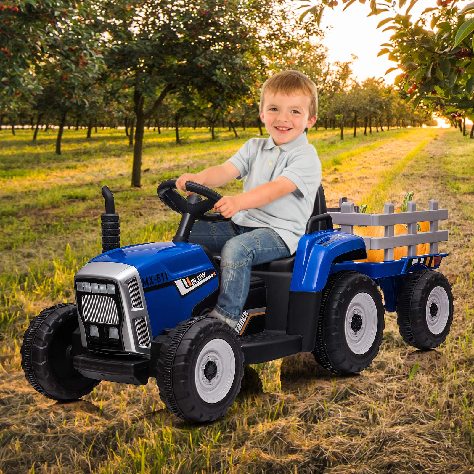 Enjyam 12V Kids Electric Tractor with Trailer, Ride On Car w/Remote, 7-LED Lights, 3-Speed, MP3/USB, Tread Tires,25W