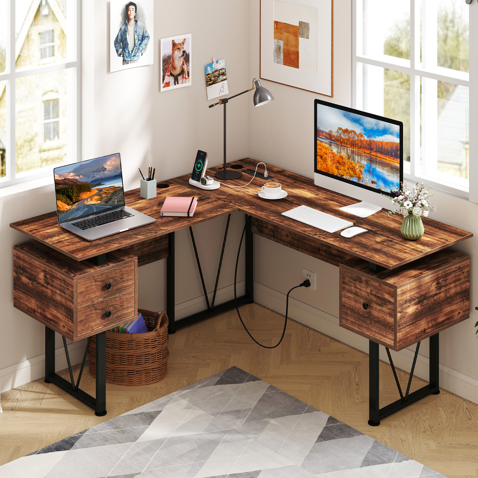 LJG L-shaped Computer Desk with Power Outlets and 3 Storage Drawers