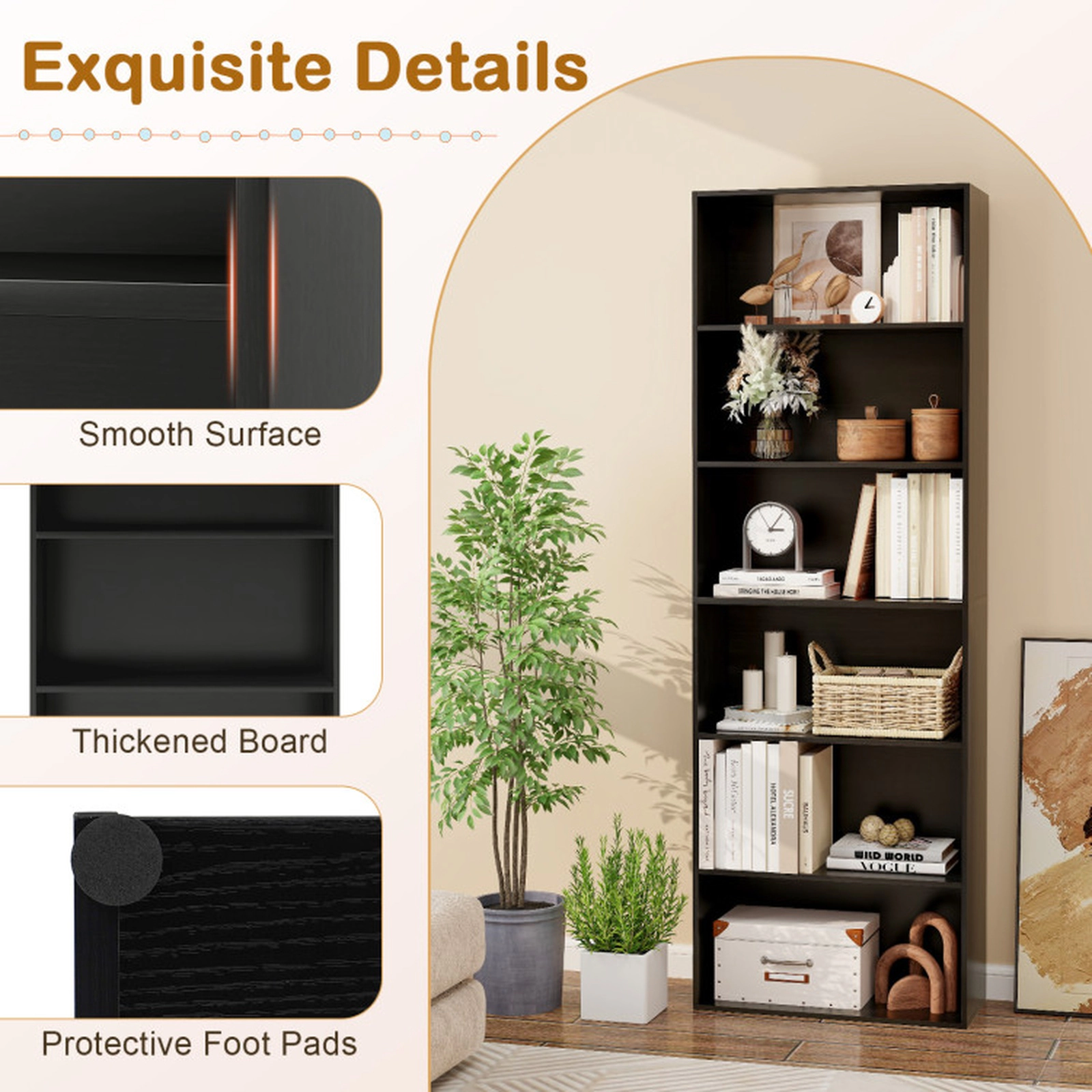 SUGIFT 6-Tier Bookcase with 6 Open Shelves 200-lb Total Capacity Anti-Toppling Kits Black