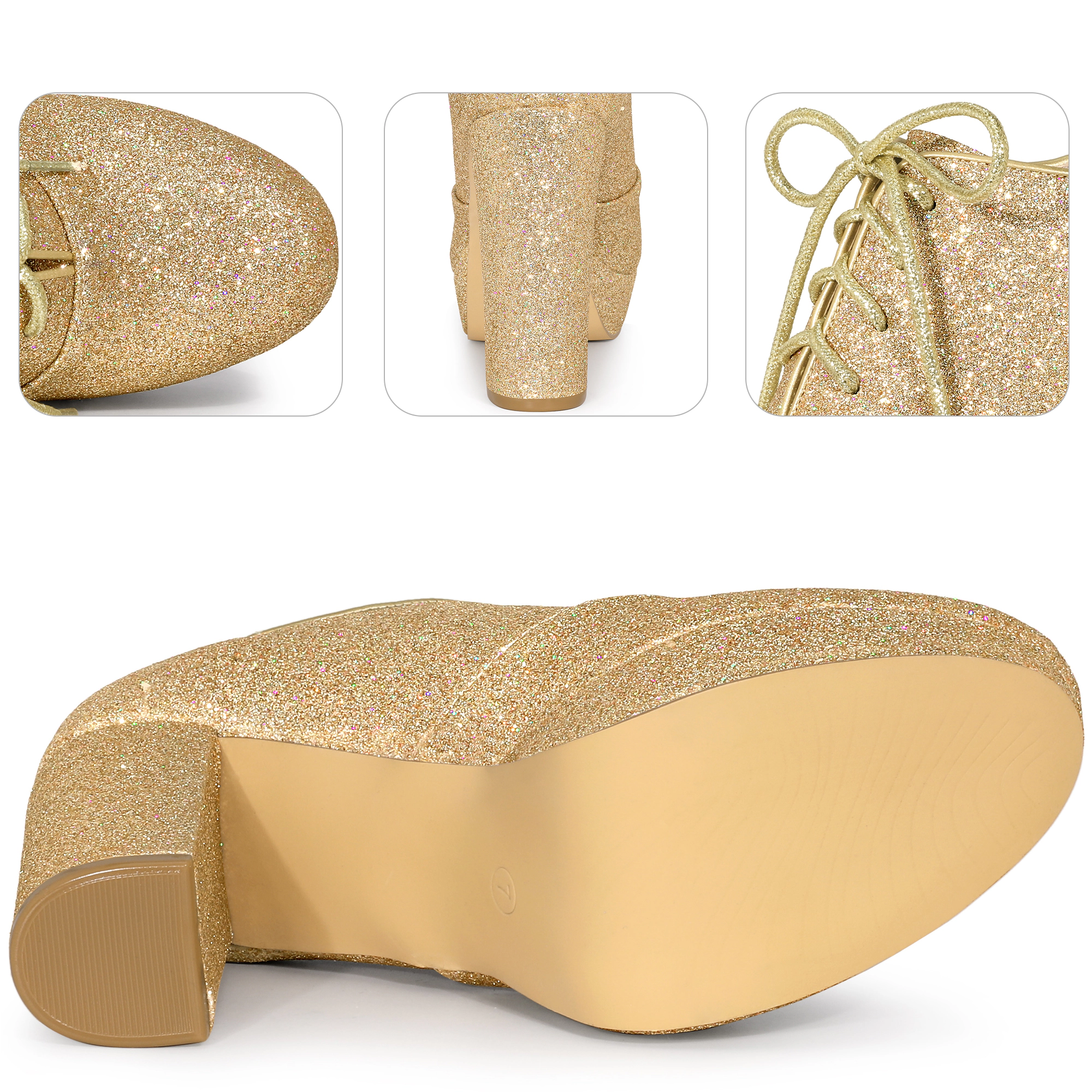 BLISSFUL STEP Women's Lace up Chunky Heel Platform Glitter Ankle Booties