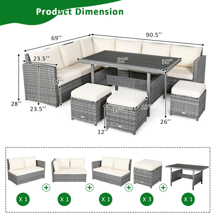Hivvago 7 Pieces Patio Rattan Dining Furniture Sectional Sofa Set With Wicker Ottoman