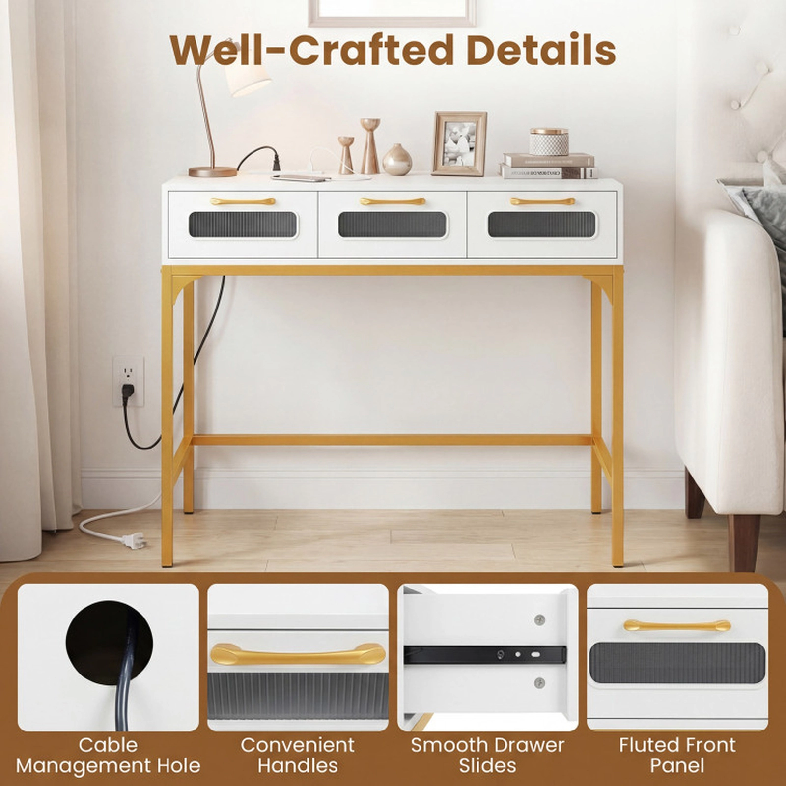 SUGIFT 3 Drawers LED Light Charging Station Gold Frame Console Table 35.5-in x 16-in x 29.5-in 100-lb Capacity White
