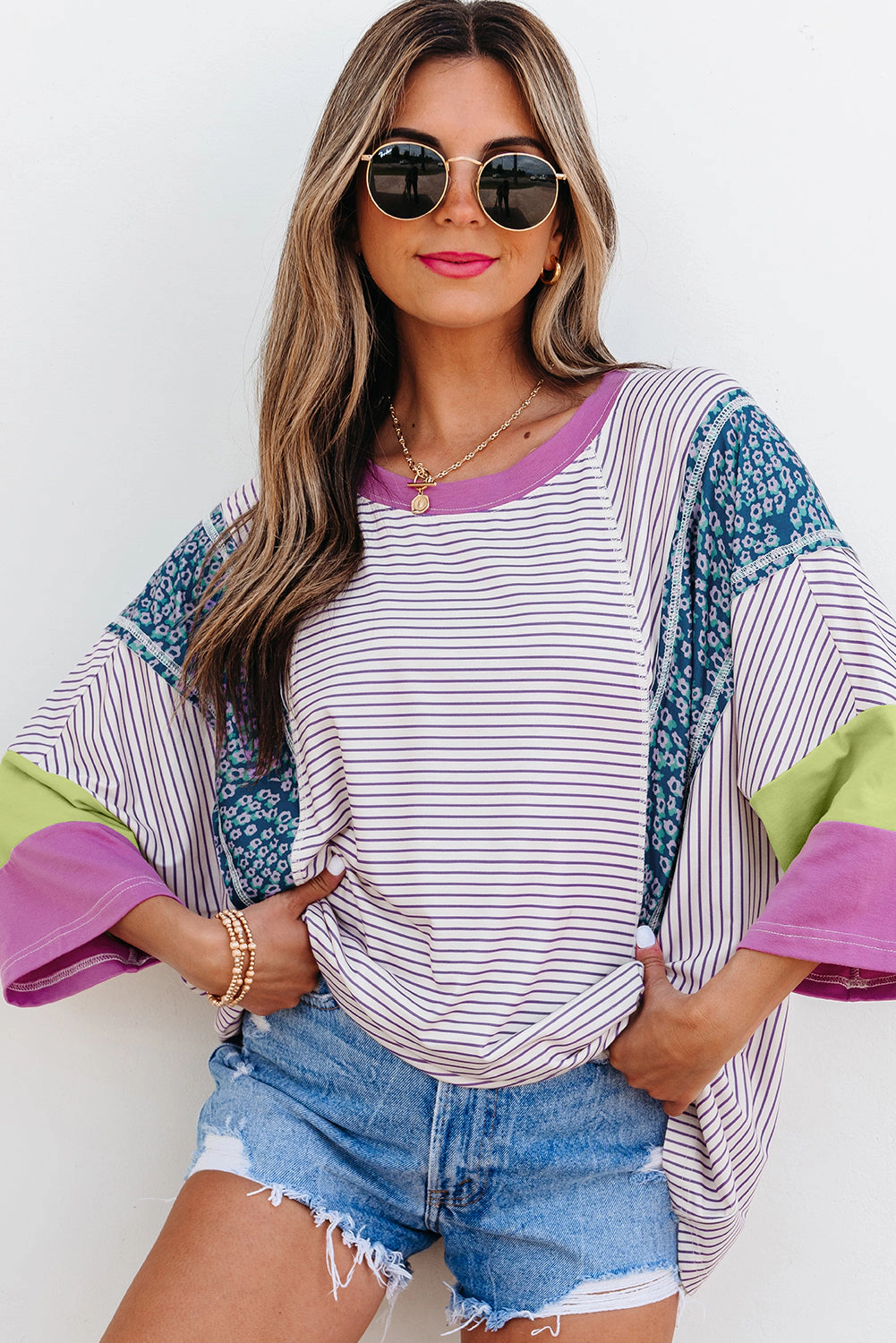 Threaded Pear Women's Kyra Patchwork Bracelet Sleeve Blouse