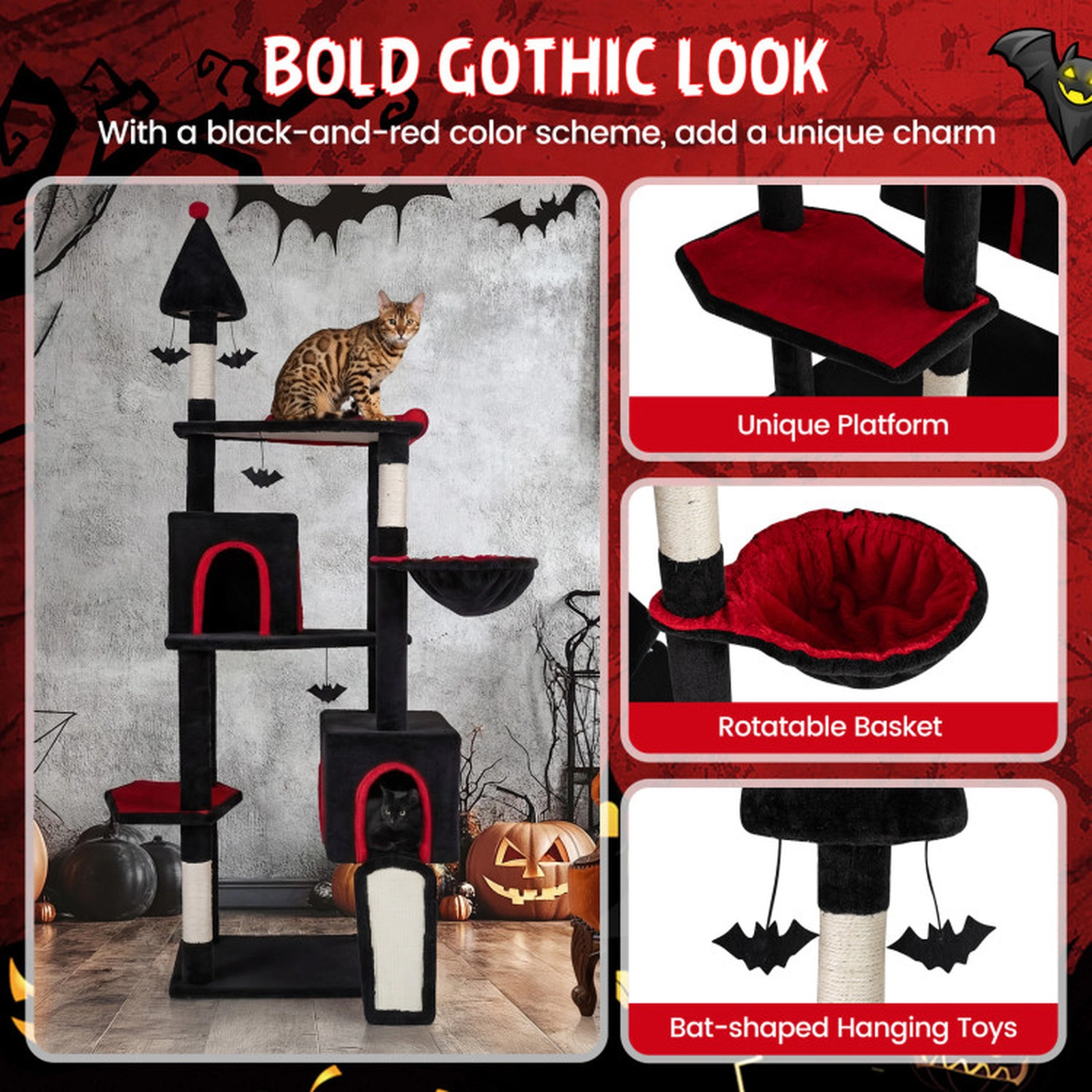 SUGIFT 75-in Gothic Cat Tree with 2 Condos Rotating Basket 2-in-1 Ramp and Padded Top Perch for Large Cats