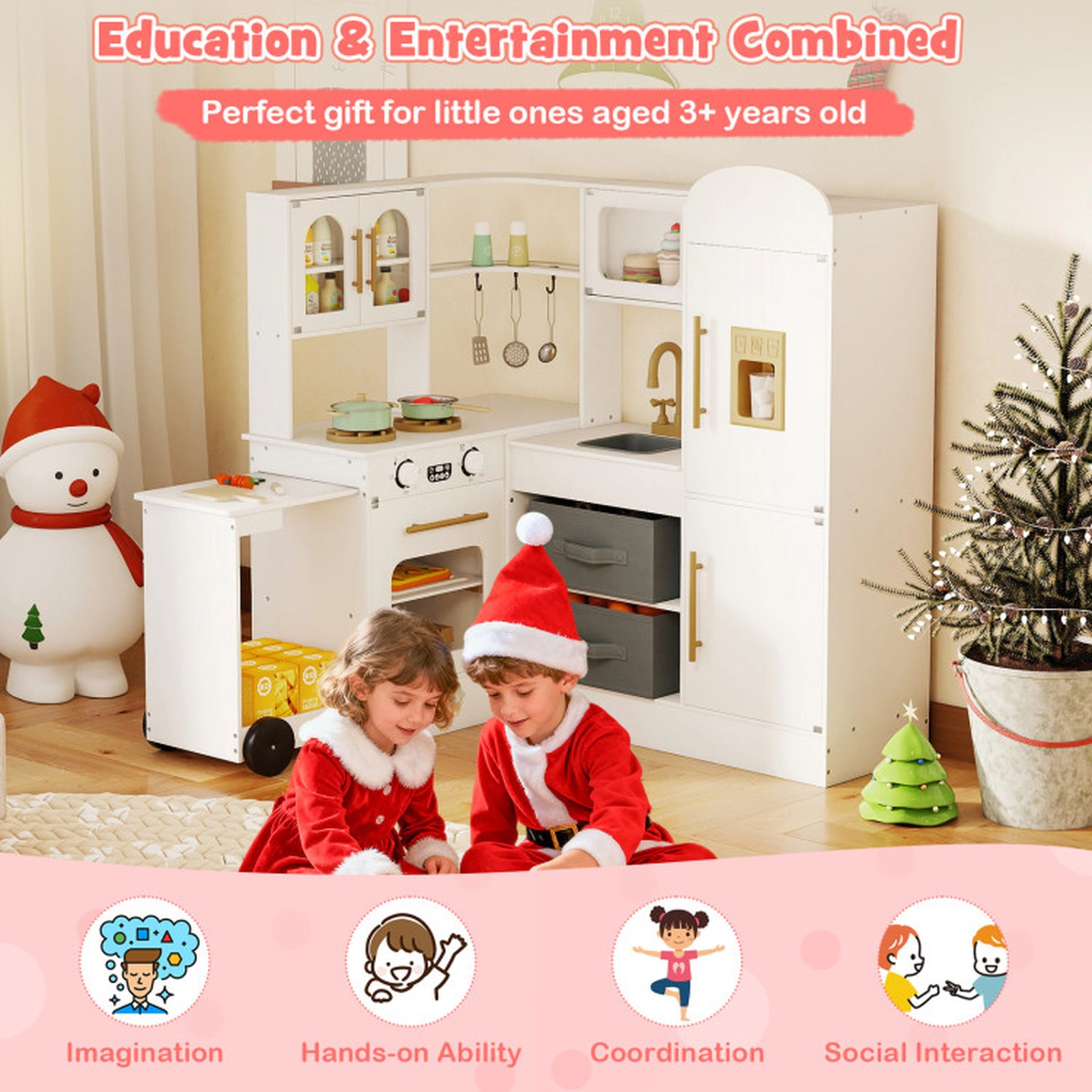 SUGIFT White Pull-Out Countertop Lights and Sounds Corner Kids Wooden Play Kitchen