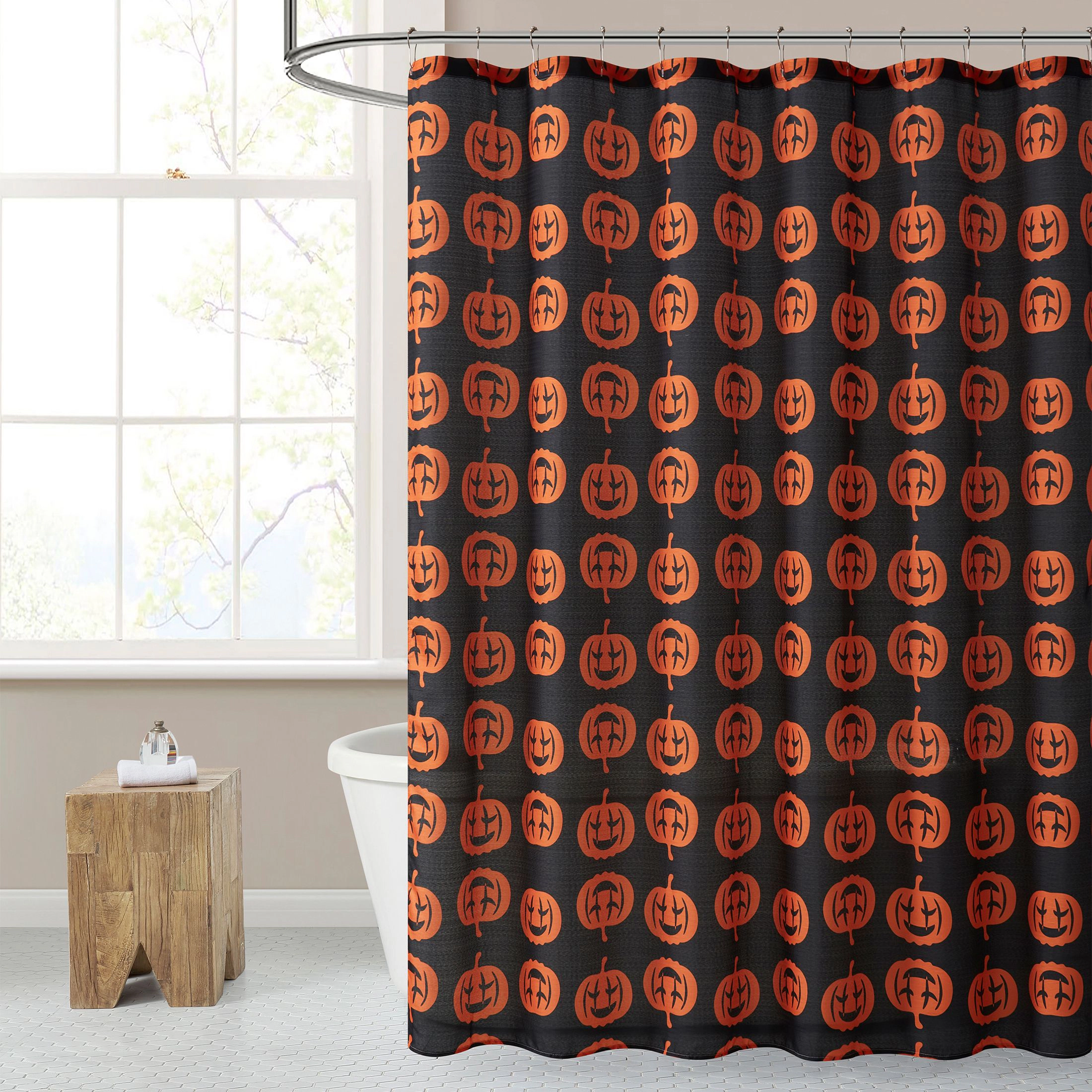 Kate Aurora Halloween Accents Black & Orange Spooky Jack O' Lanterns Fabric Shower Curtain