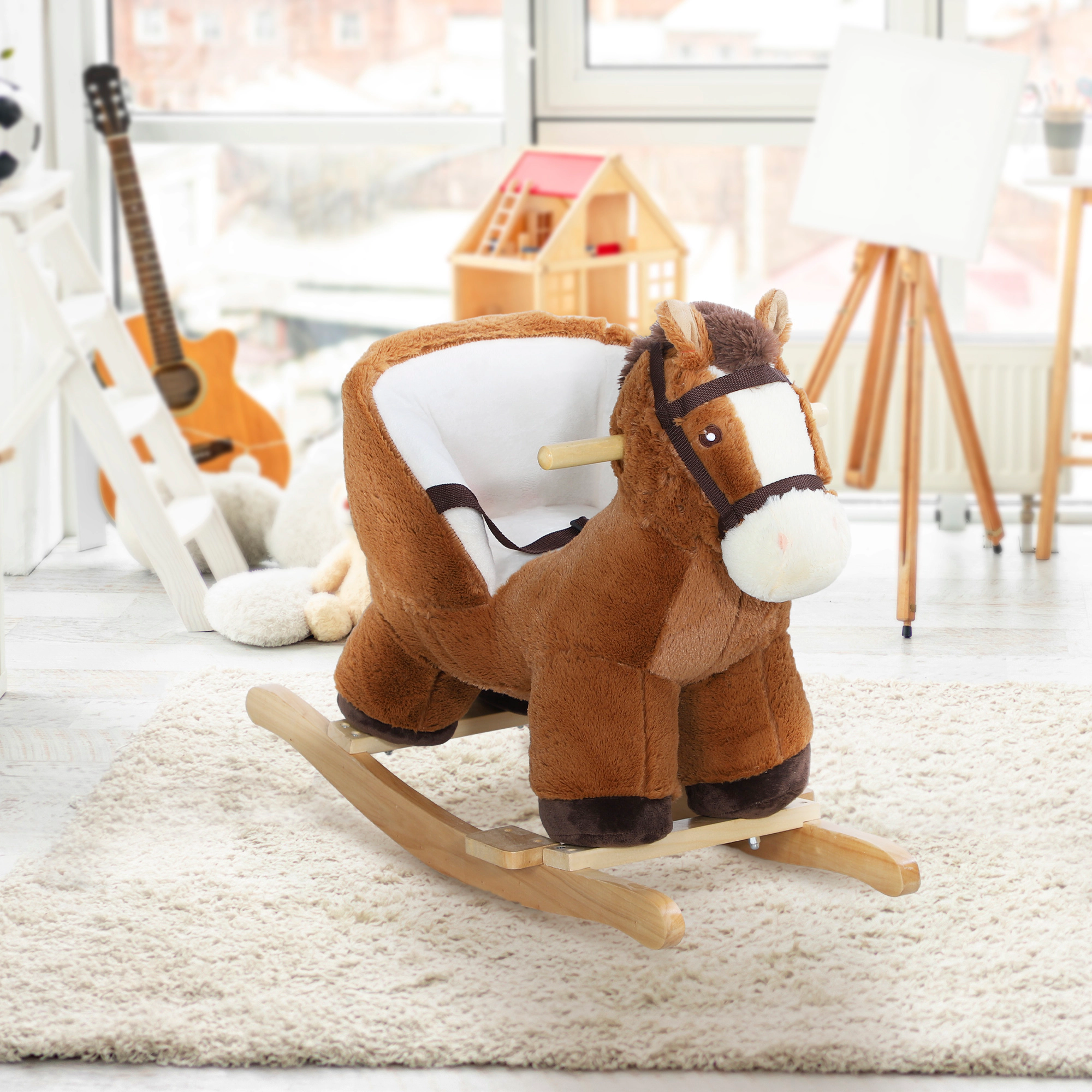 HONGGE Rocking Horse Kids with Sound Wooden Base & Safety Belt for 18-36 Months