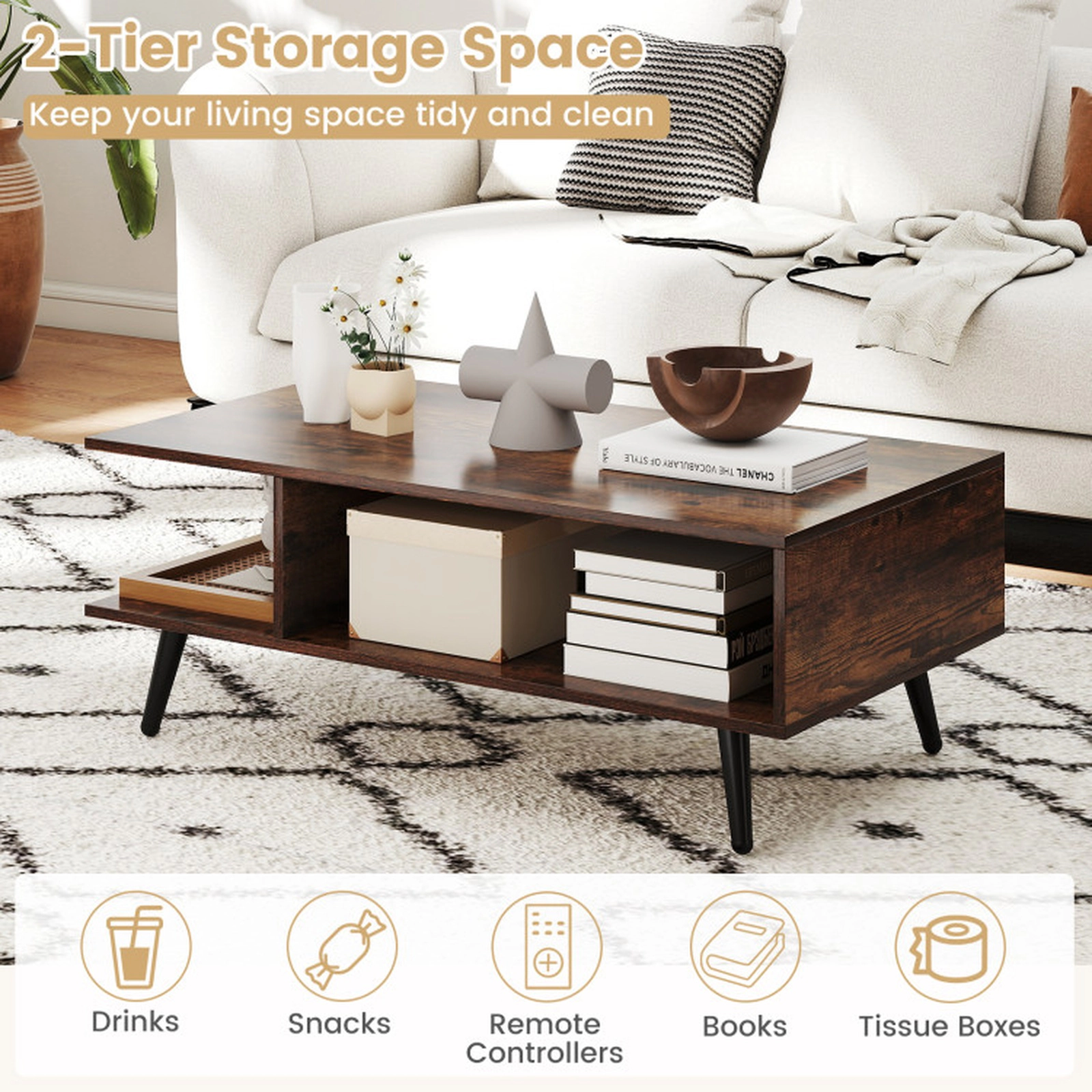 SUGIFT 2-Tier Open Compartments Tapered Metal Legs Coffee Table 31.5-in x 18-in x 12-in 110-lb Capacity Rustic Brown