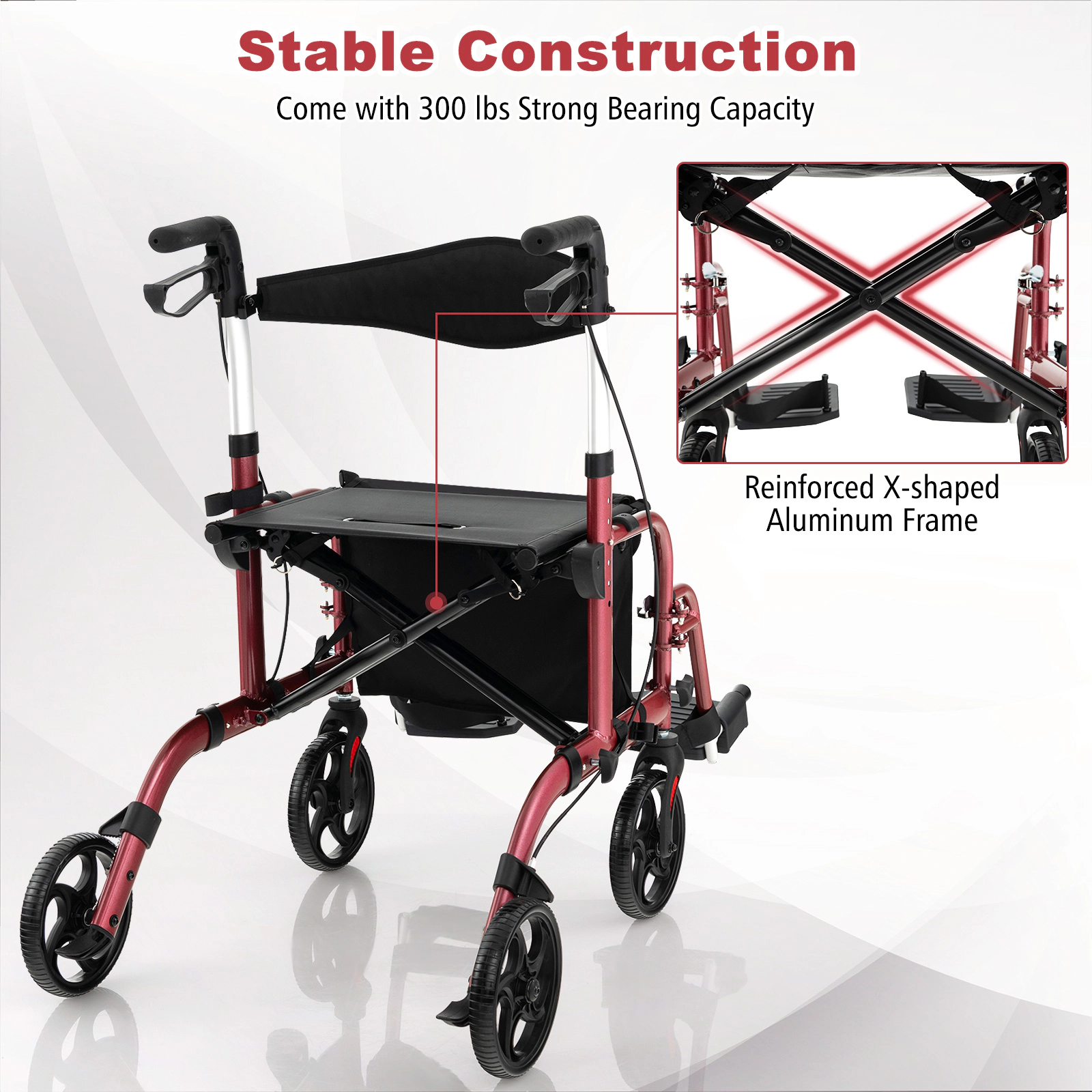 SUGIFT 2-in-1 Adjustable Handle Rollator Walker and Wheelchair 300-Lb Capacity 33.5-38.5-in Adjustable Height Red