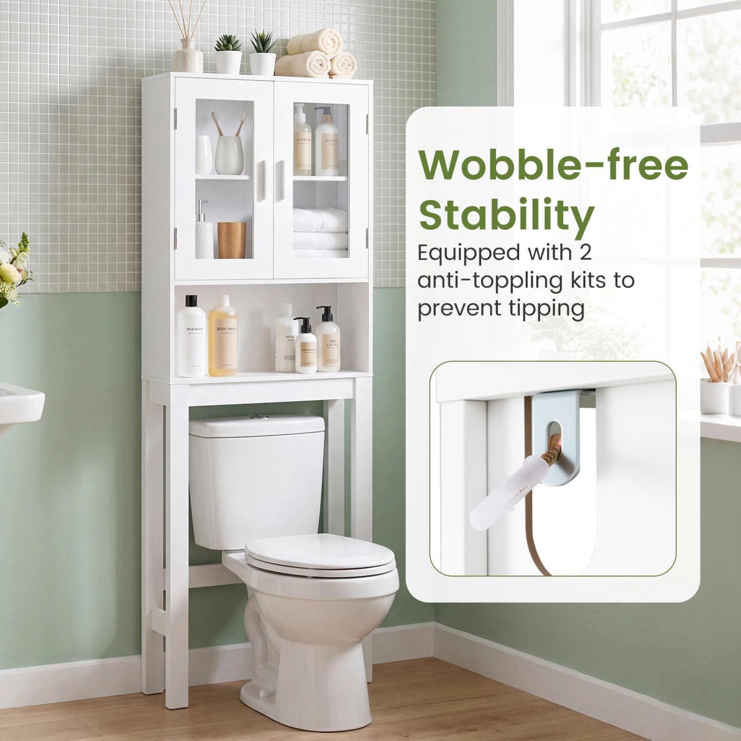 Slickblue Over The Toilet Bathroom Storage Cabinet with Frosted Glass Doors and Shelf