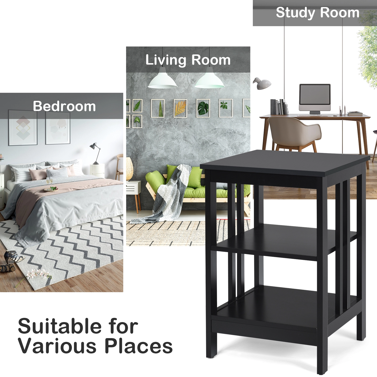 SUGIFT 16 in Nightstand Black 3-Tier Side Table with Baffles and Rounded Corners