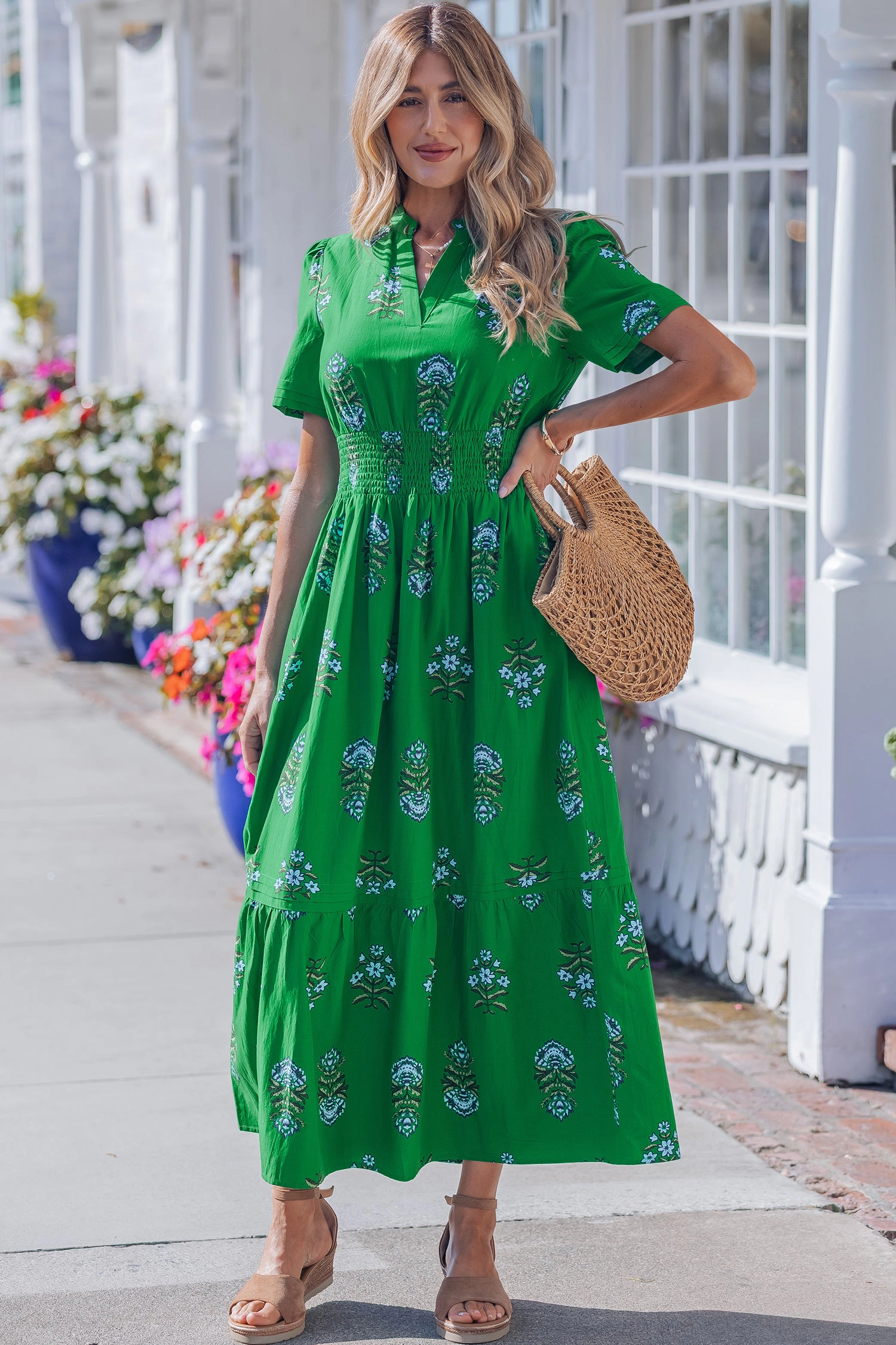19092 Davina Ruffle-Hem Maxi Dress - Floral, Shirred Waist, Short Sleeves