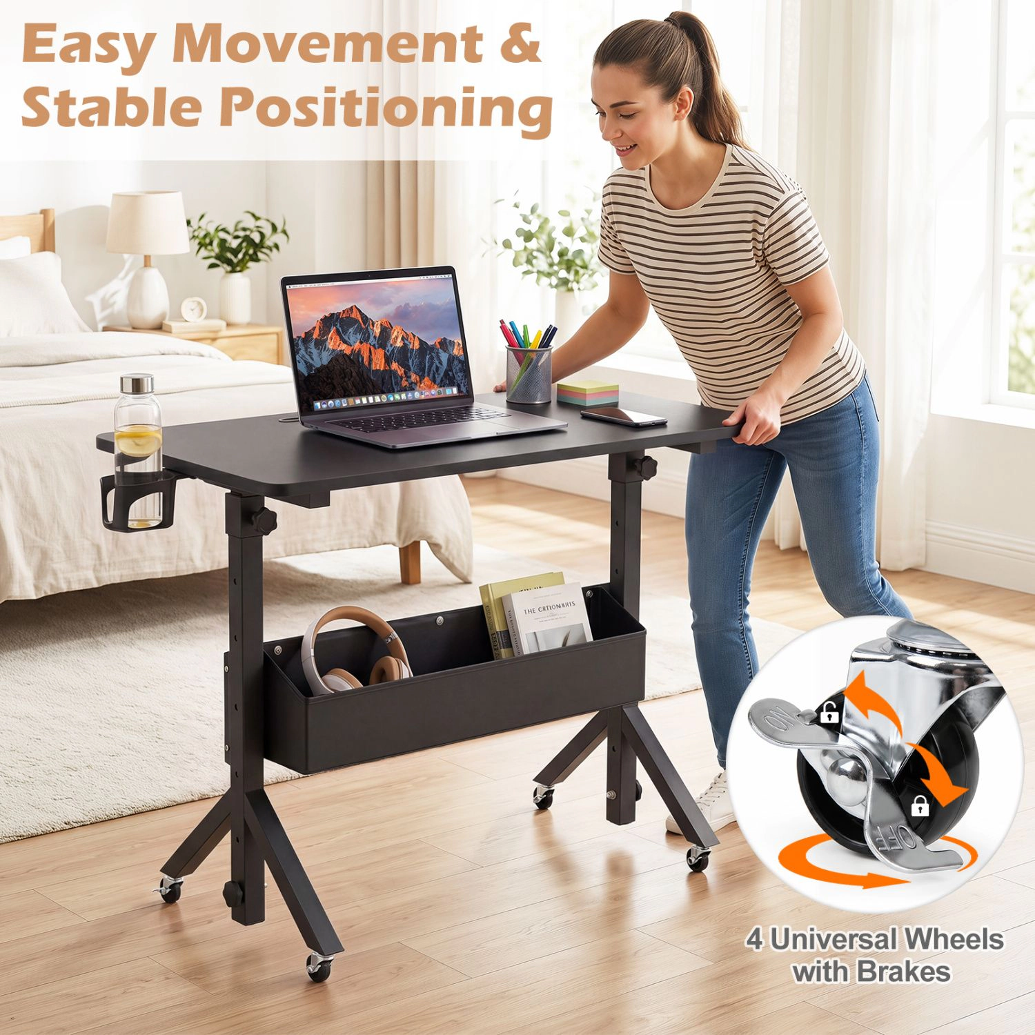 SlickBlue Adjustable Height Standing Desk with Wheels and Cup Holder