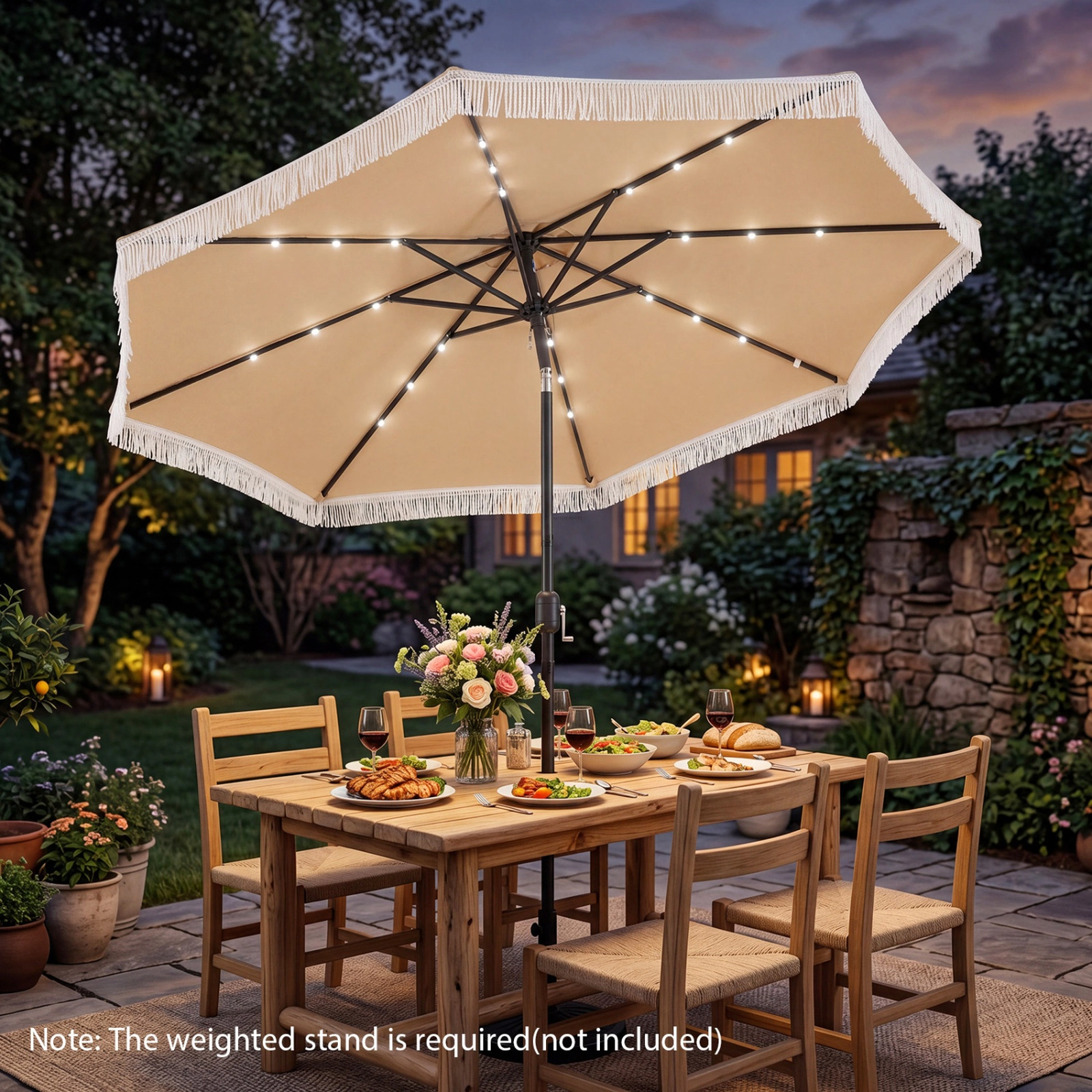 SUGIFT Beige 10 ft Solar Patio Umbrella with 24 LED Lights and 1.5 in Pole