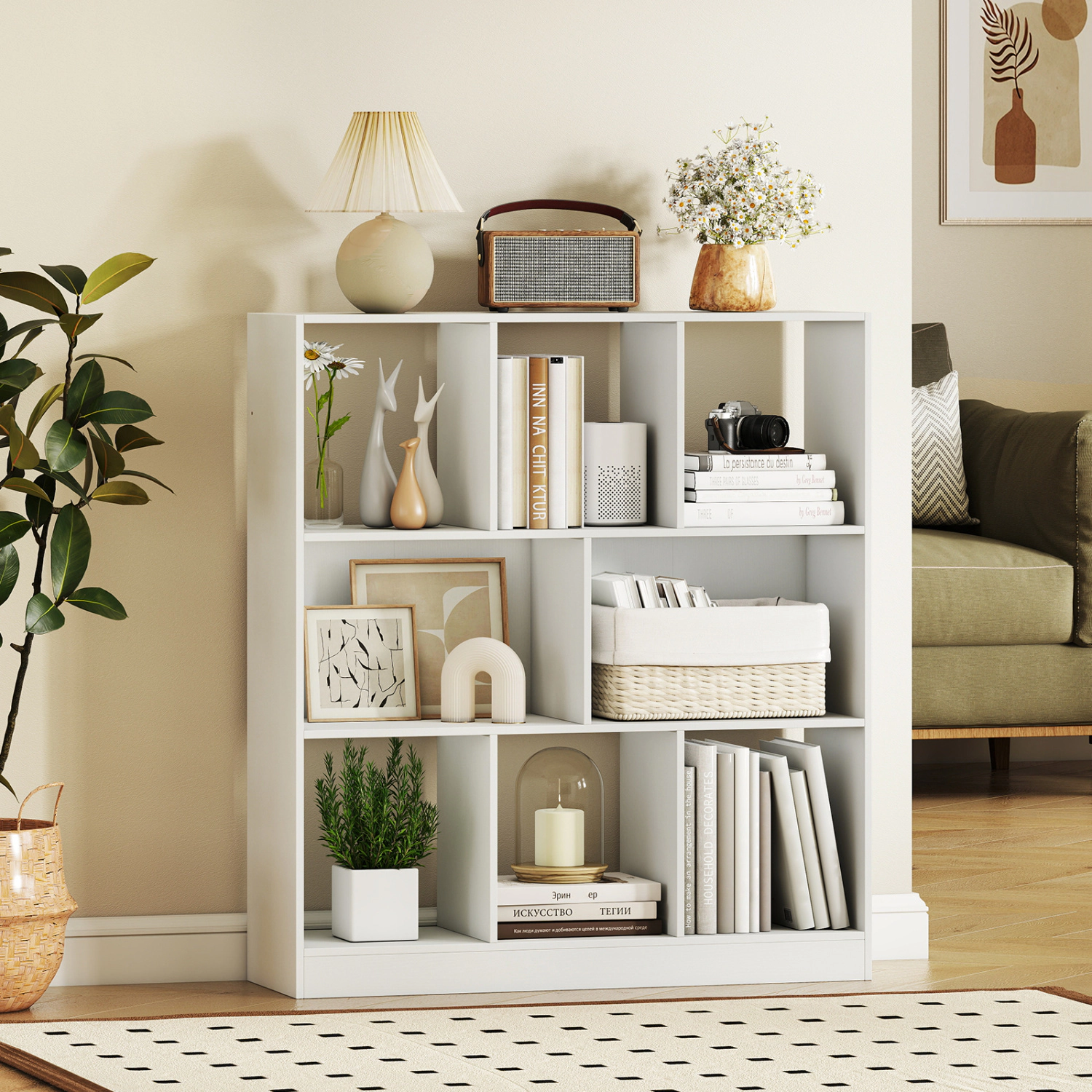 LJG 8-Cube Bookcase 3-Tier with 2-Sized Compartments and Anti-Tip Kits for Living Room