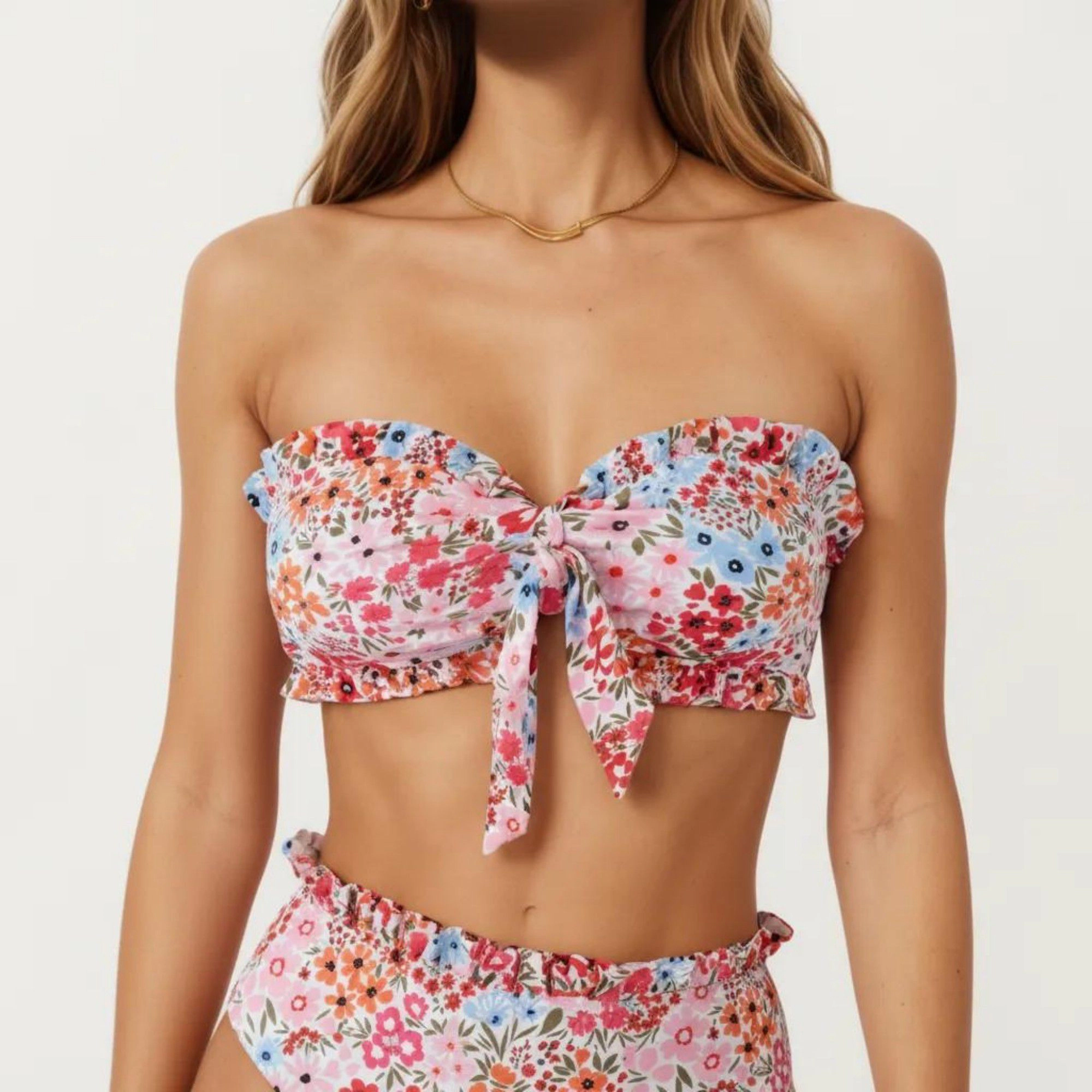 Anna-Kaci Women's 2-Piece Strapless Bandeau Bikini Set with Front Tie Knot Top High Waisted Ruffle Trim Bottom