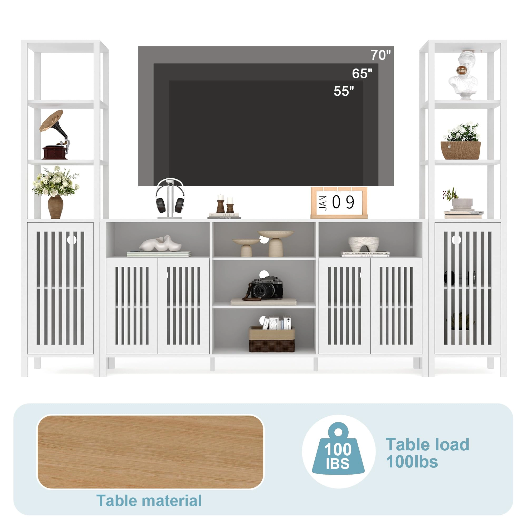 BebreezChic Large TV Stand with Set of 2 Bookcases, Farmhouse Entertainment Center for 70" Television