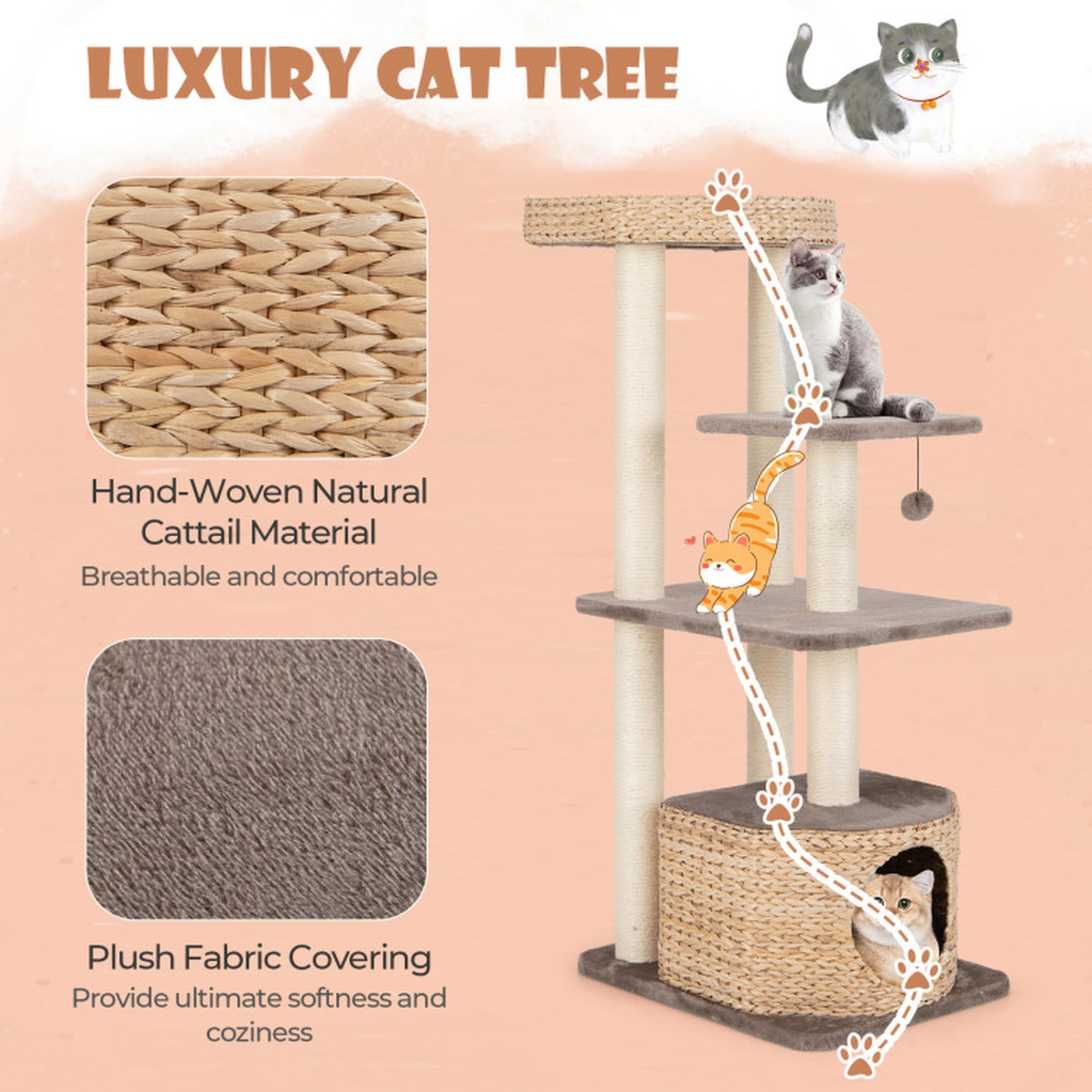 SUGIFT Coffee 4-Layer Cat Tower with Cattail Perch Condo and Washable Cushions