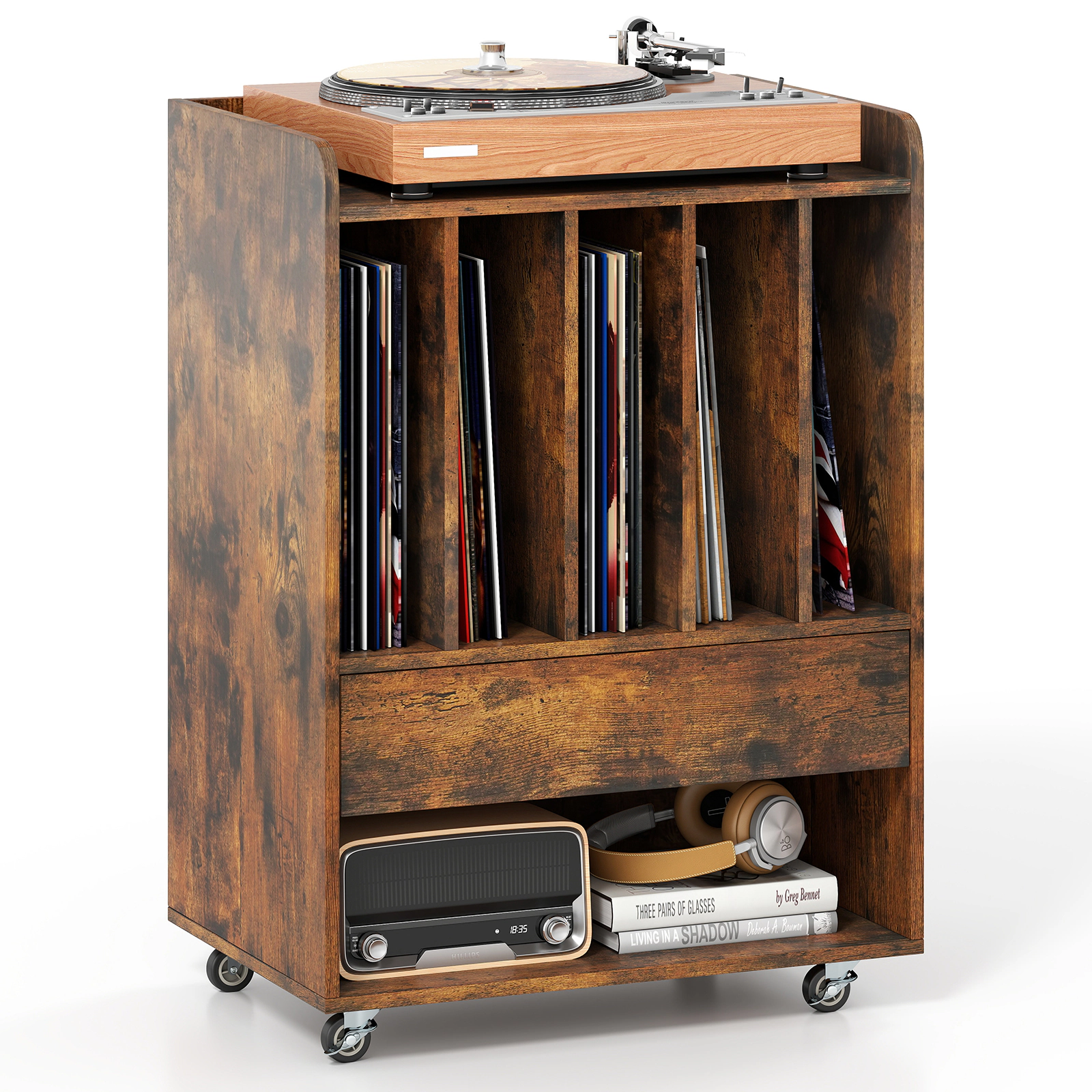 SUGIFT Record Player Stand Turntable Accent Cabinet with Drawer and Record Holder 66-lb Tabletop Capacity Brown