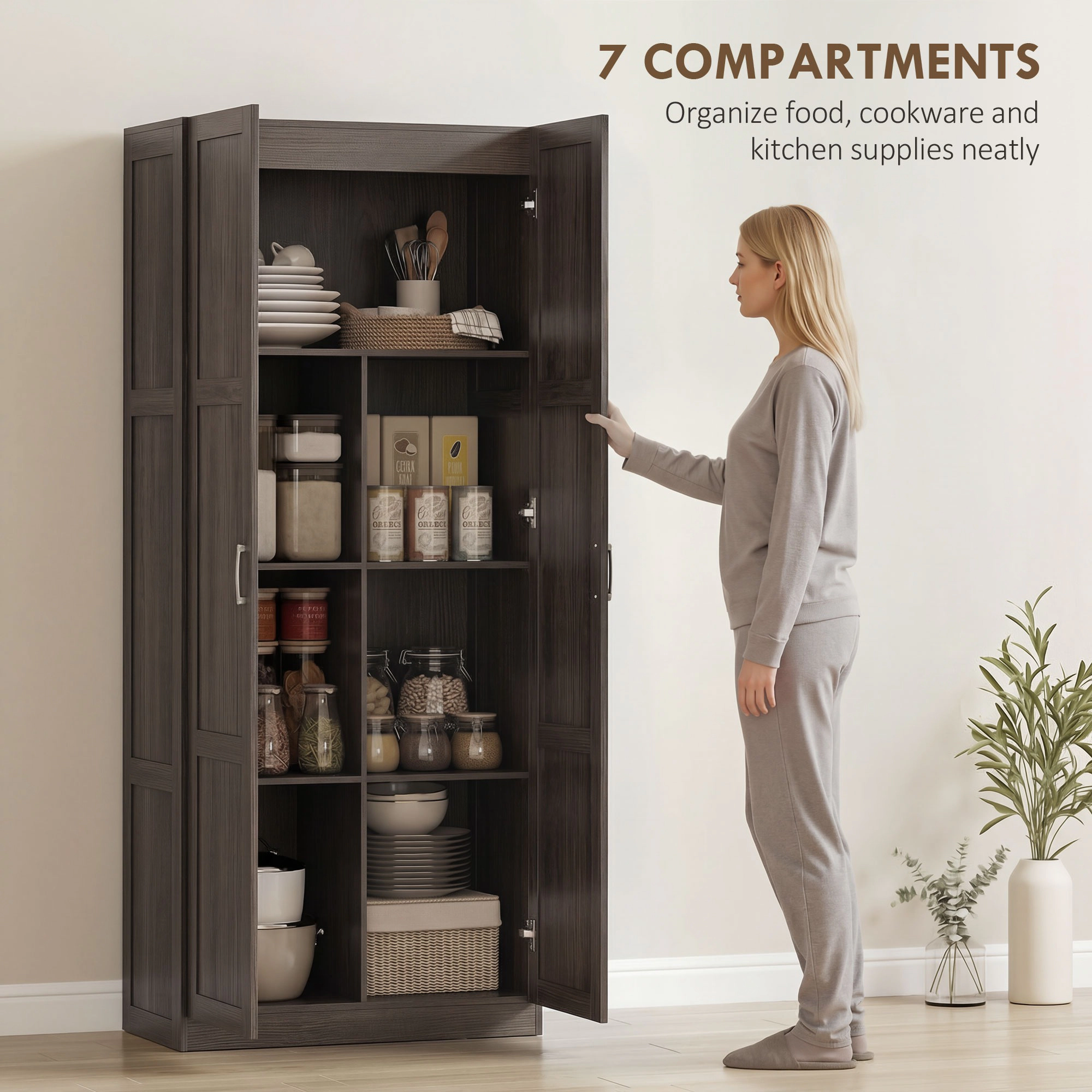 HONGGE Farmhouse Pantry Cabinet, 71" Tall Kitchen Pantry Storage Cabinet with Soft-Close Hinges, Adjustable Shelves