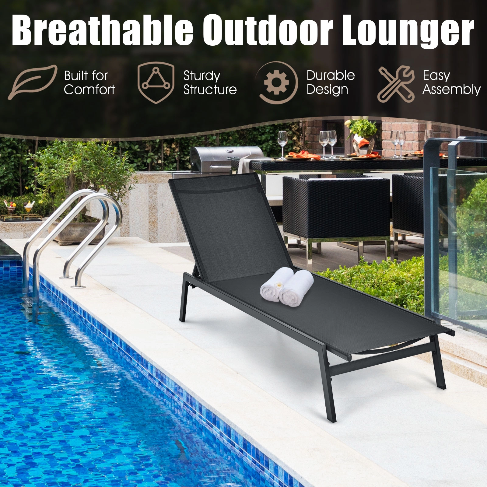 SUGIFT Black 6-Position Adjustable Back Powder-Coated Steel Outdoor Reclining Chaise Lounge Chair