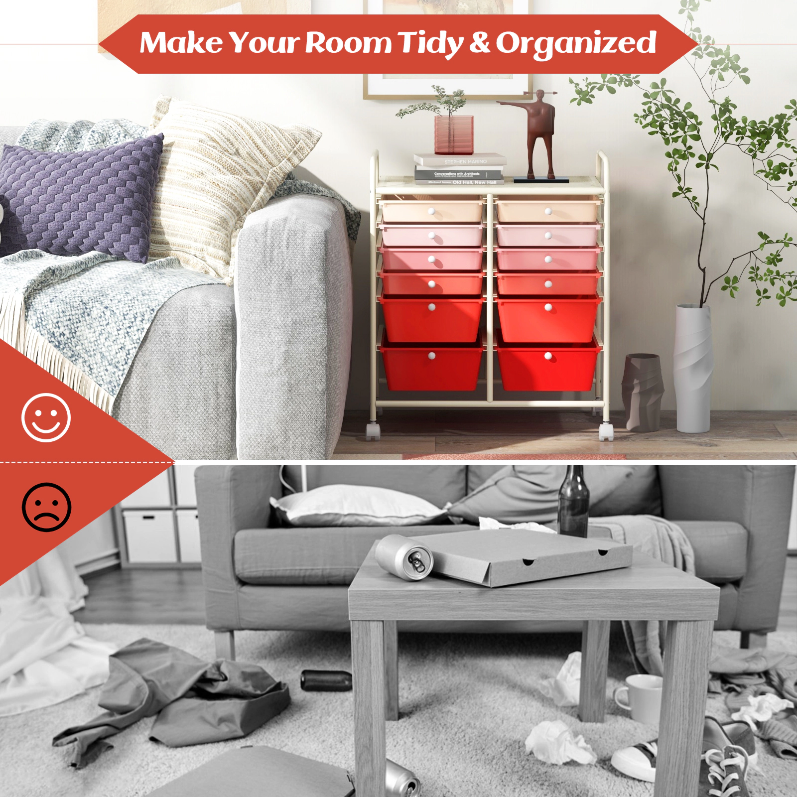 SUGIFT 12-Drawer Rolling Storage Cart with Removable Drawers and 23-in Top Pink
