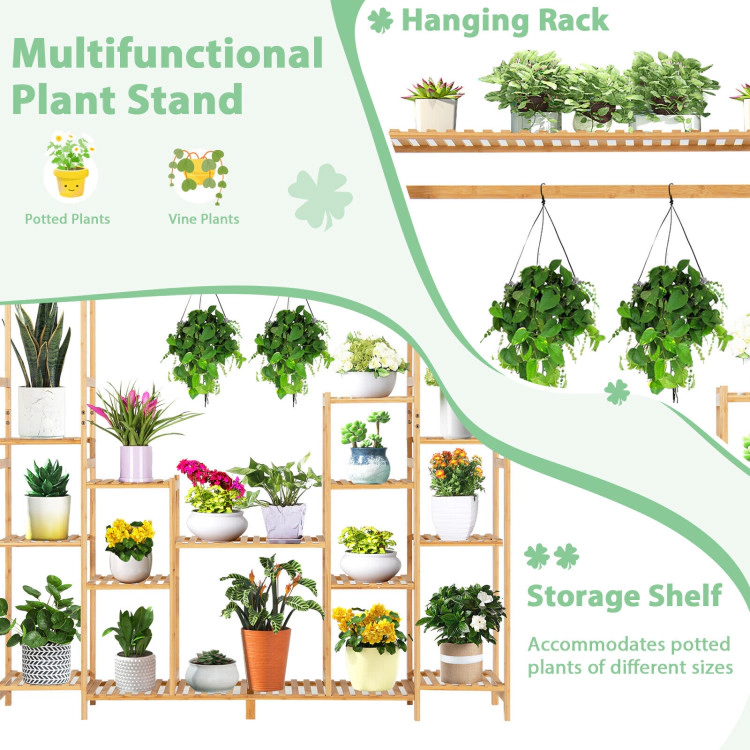 Hivvago 9-Tier Bamboo Plant Stand with Hanging Rack