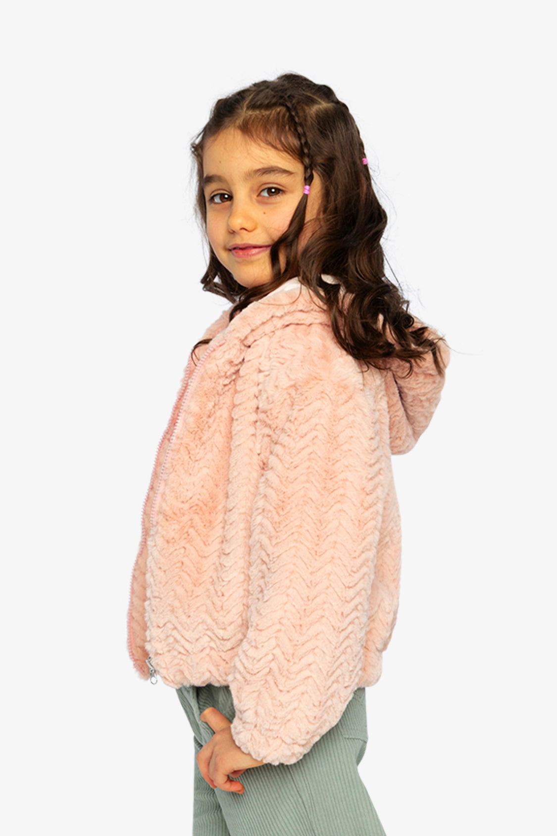 Deux par Girls Chevron Faux Fur Hooded Zip Cardigan